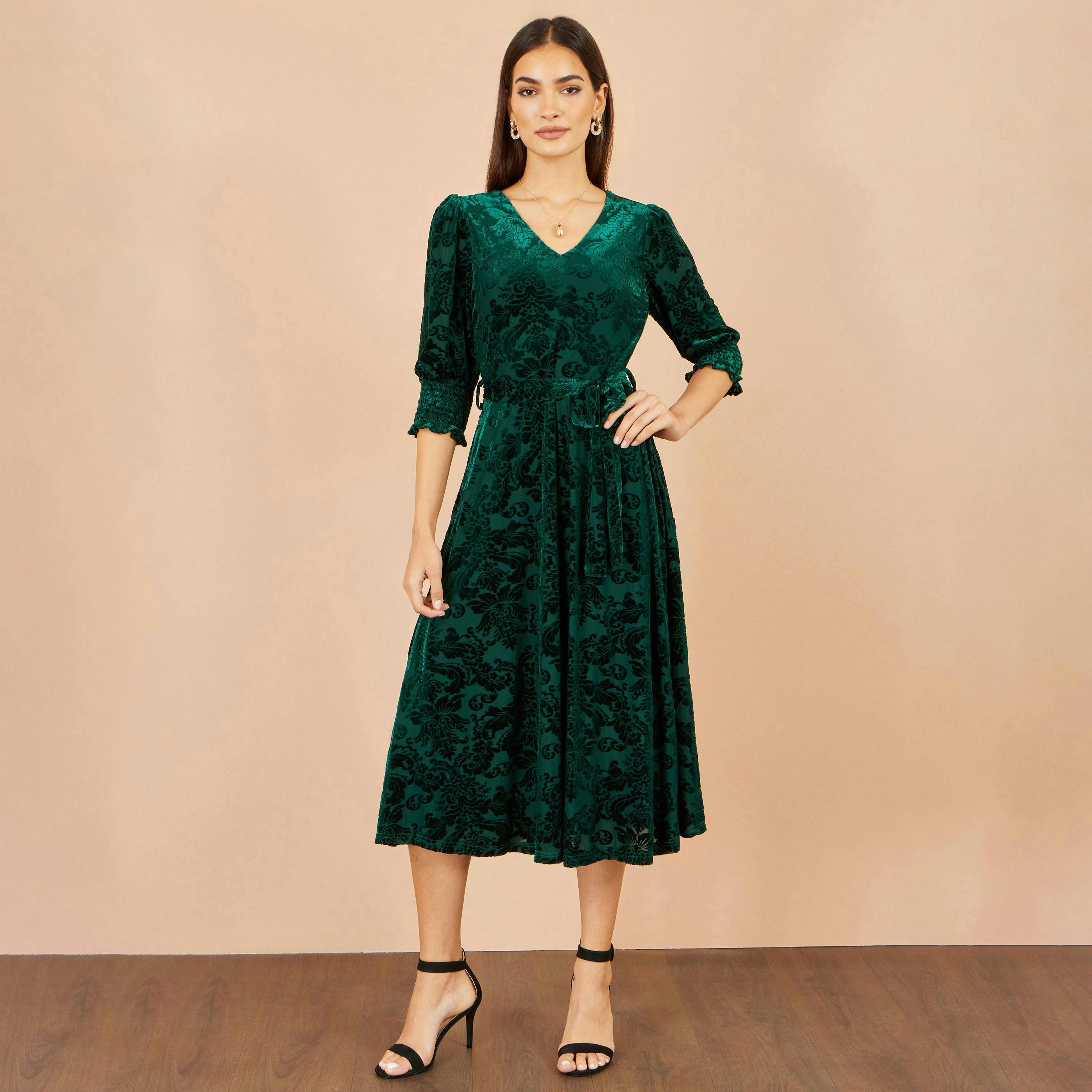 Yumi Green Velvet Floral Midi Dress , view 3 of 5