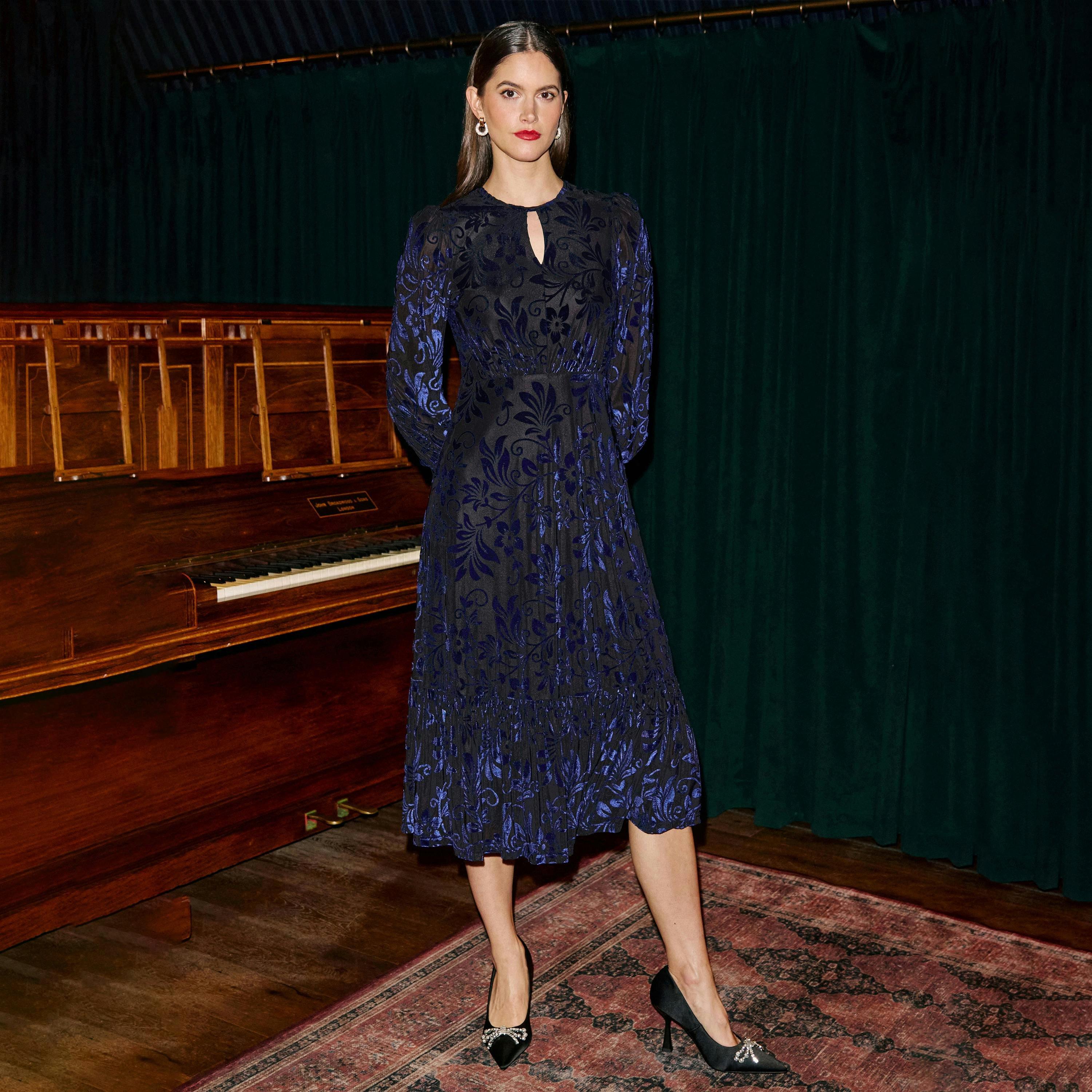 Yumi Blue Velvet Floral Midi Dress , view 2 of 6