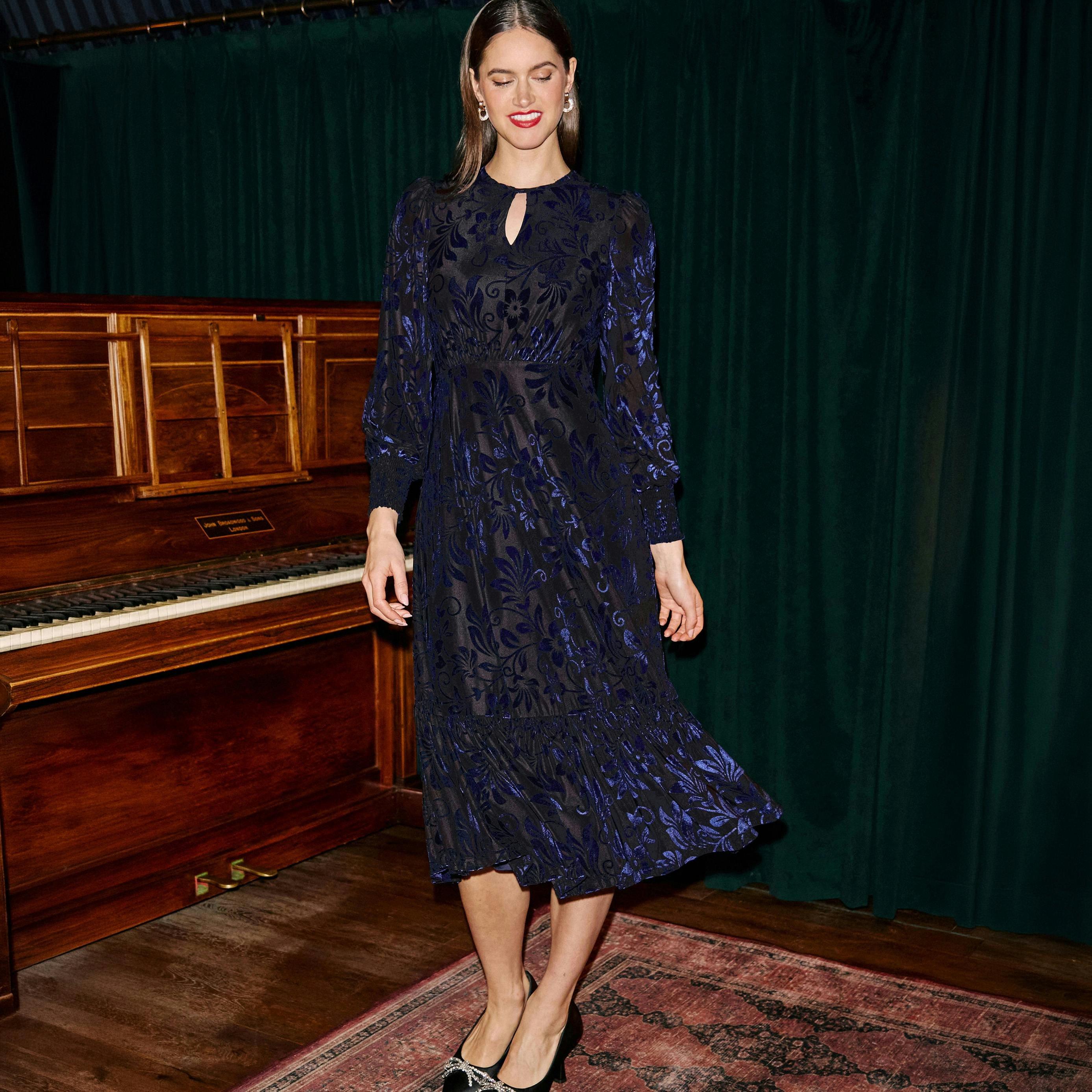 Yumi Blue Velvet Floral Midi Dress , view 3 of 6