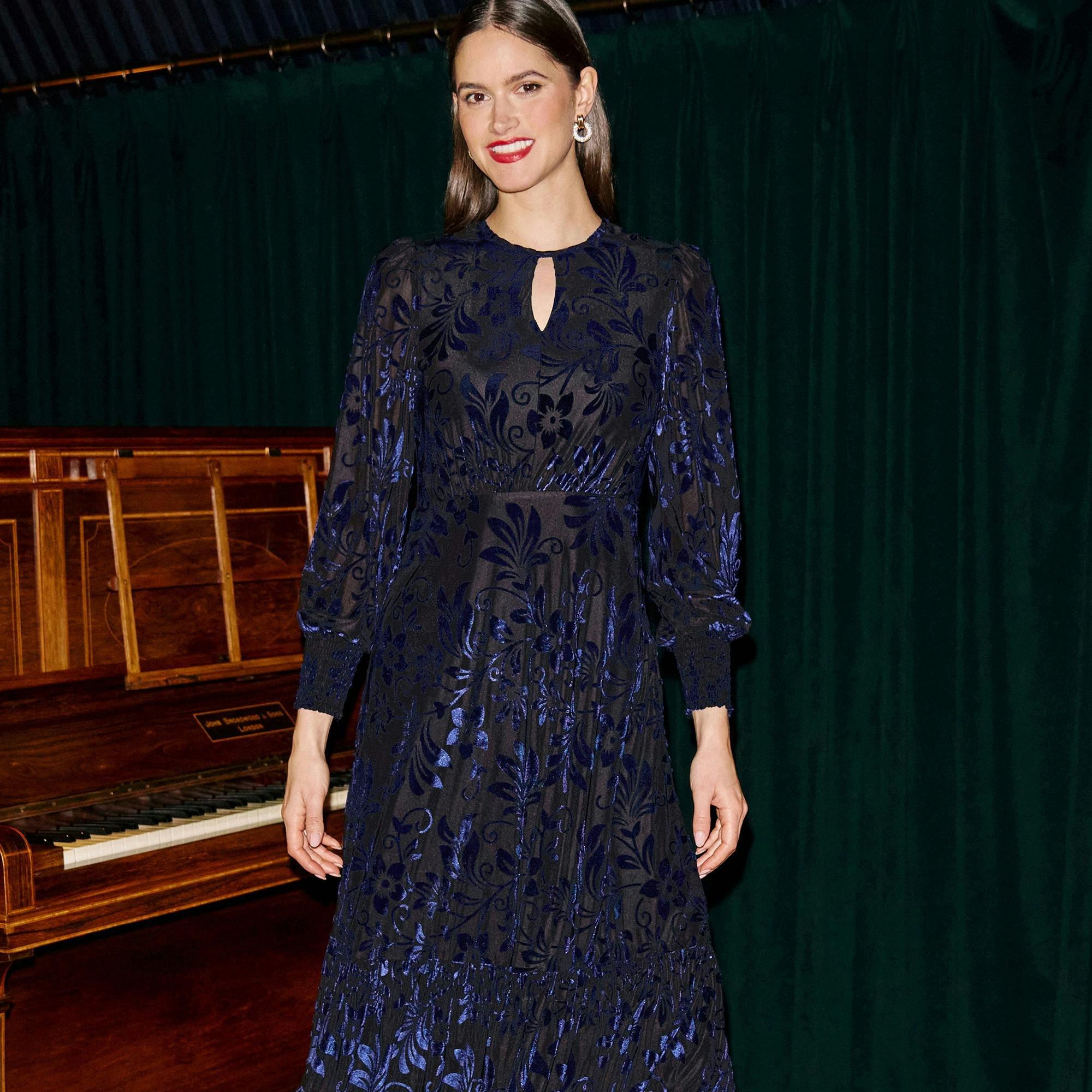 Yumi Blue Velvet Floral Midi Dress , view 4 of 6