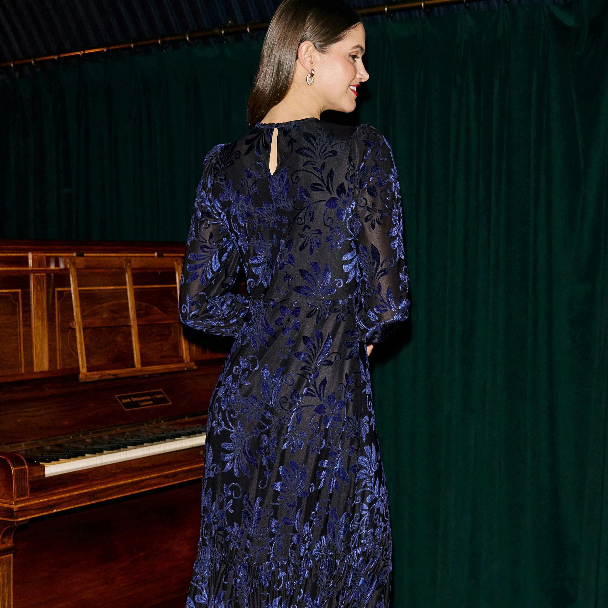 Yumi Blue Velvet Floral Midi Dress , view 5 of 6