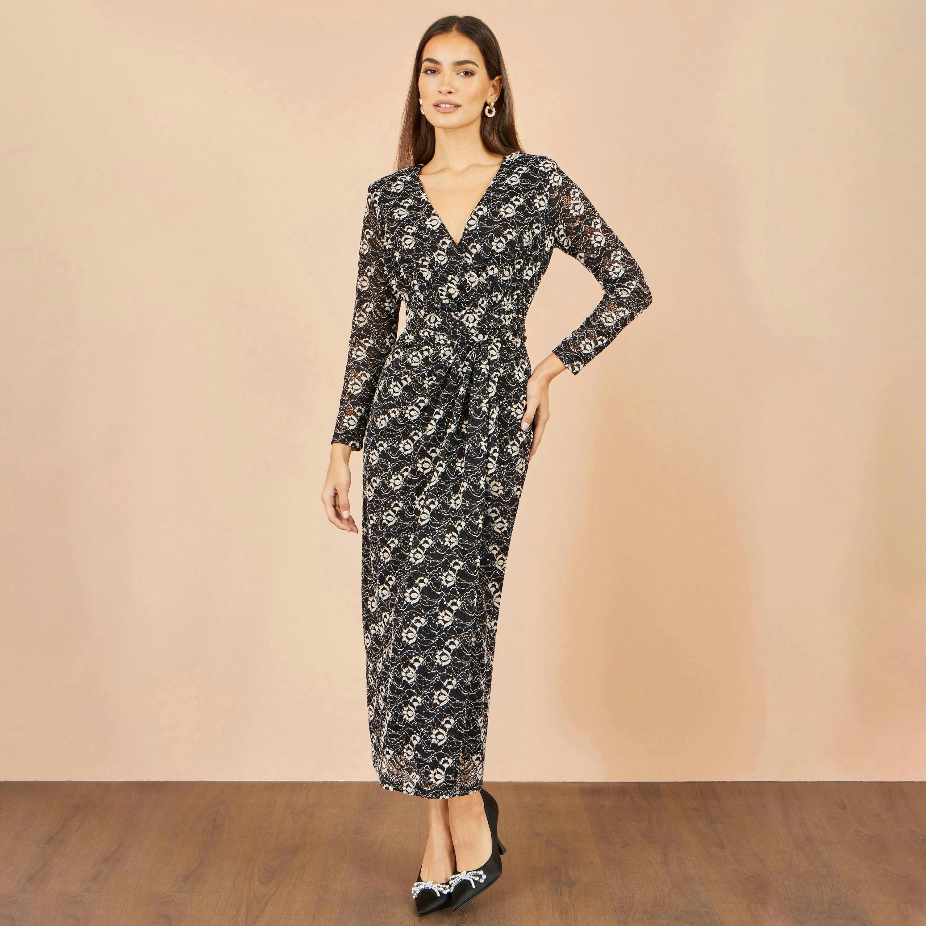 Yumi Black Brushed Lace Wrap Dress With Sequin , view 2 of 5