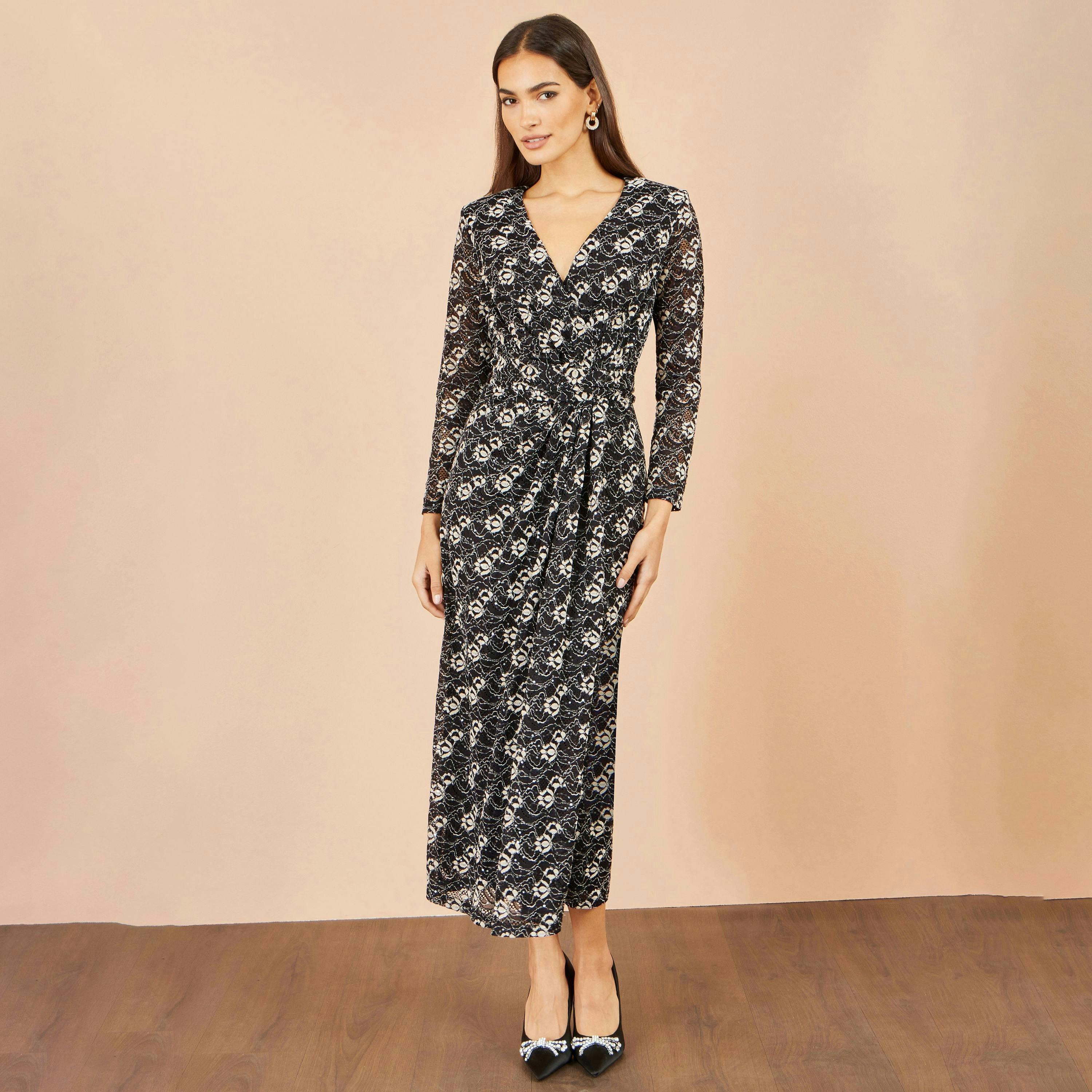 Yumi Black Brushed Lace Wrap Dress With Sequin , view 3 of 5