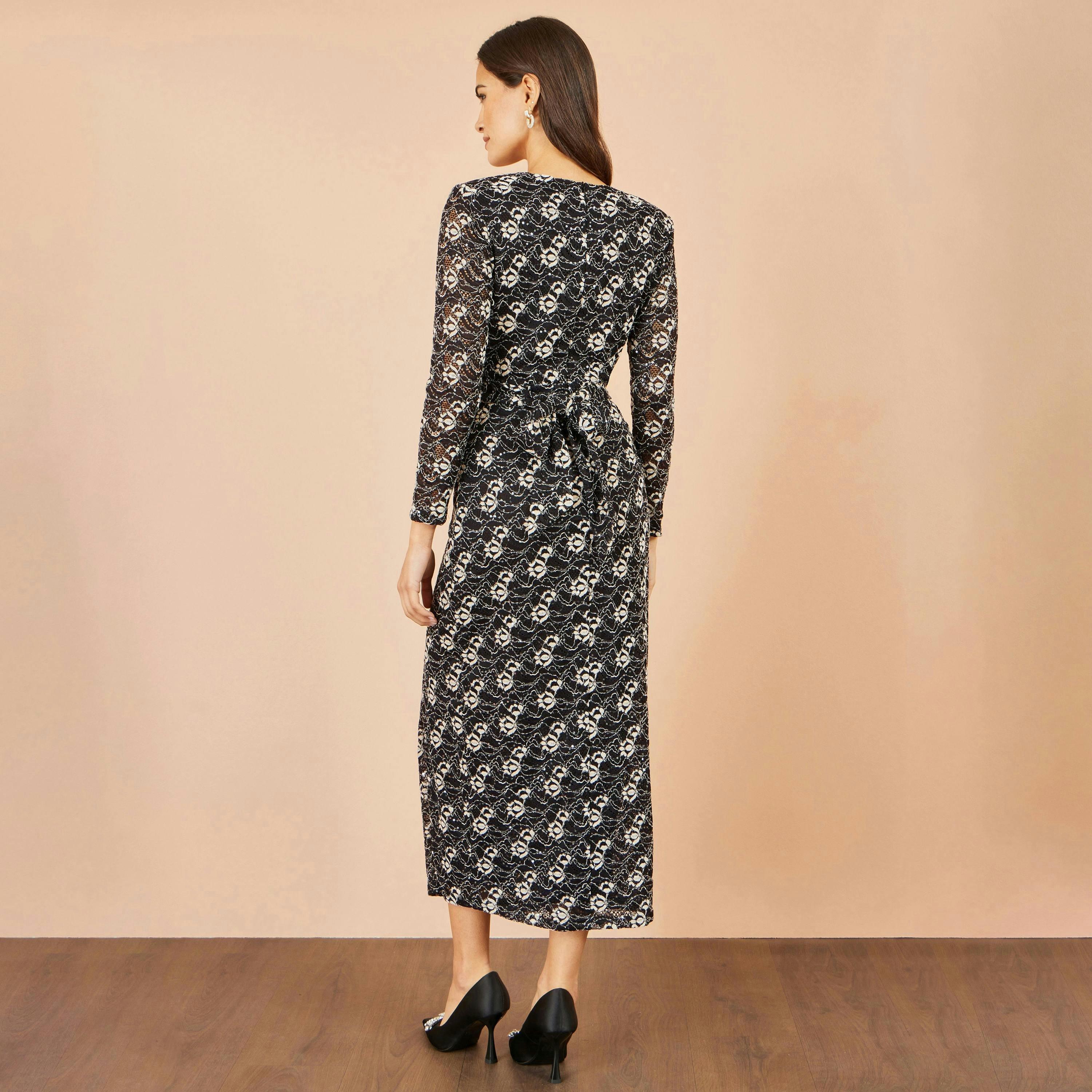 Yumi Black Brushed Lace Wrap Dress With Sequin , view 4 of 5