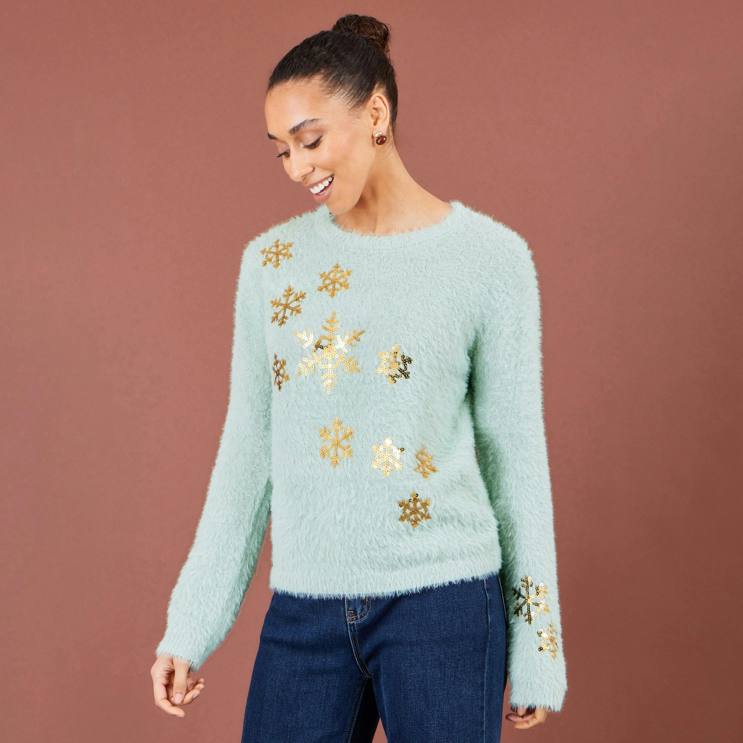 Yumi Mint Sequin Snowflake Fluffy Jumper , view 2 of 5