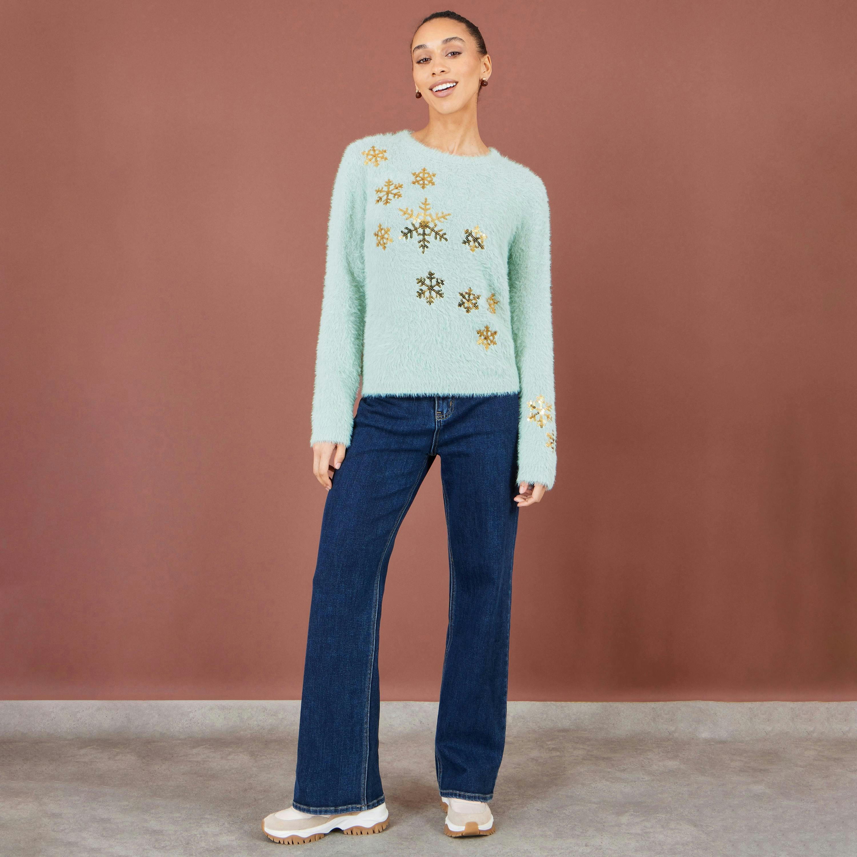 Yumi Mint Sequin Snowflake Fluffy Jumper , view 3 of 5