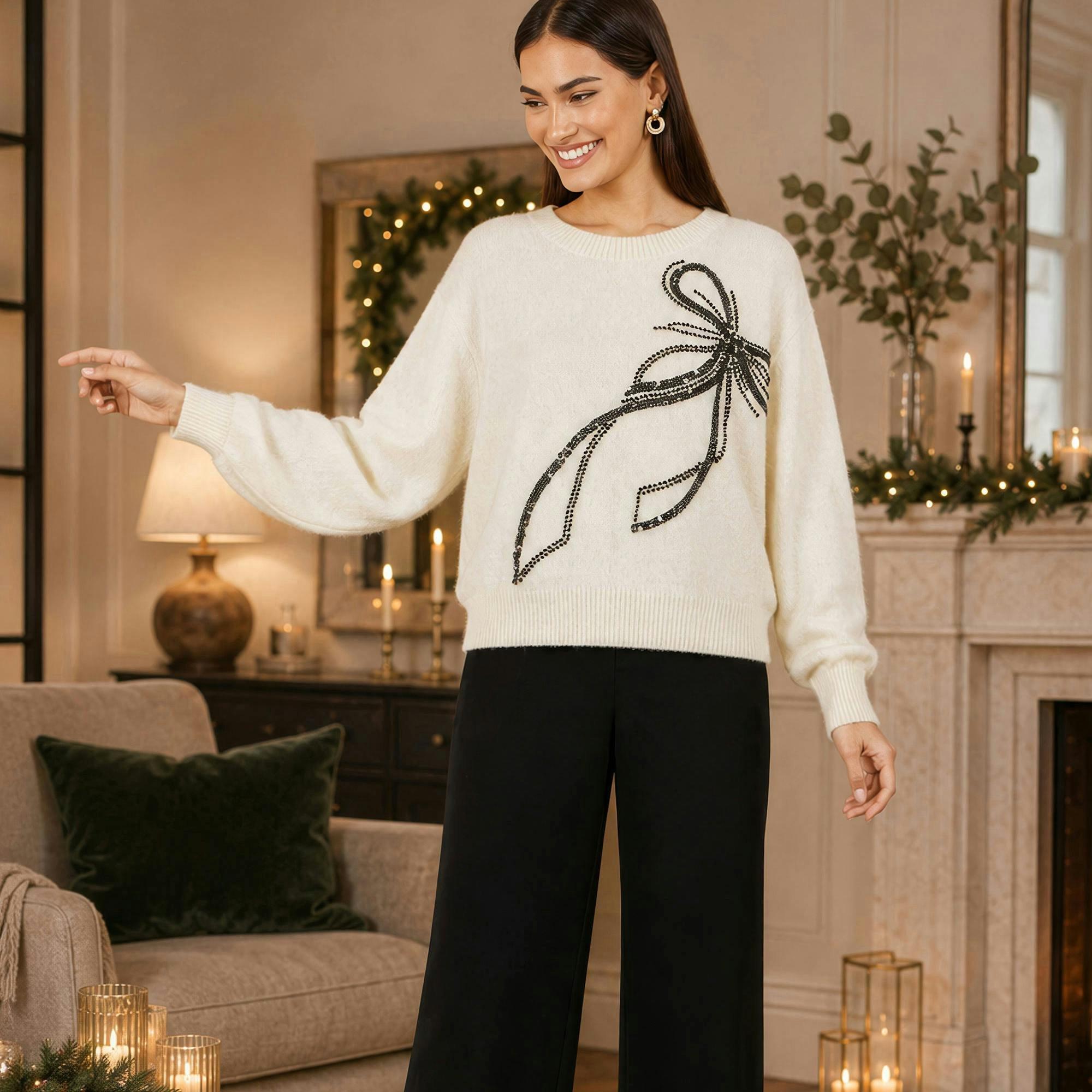 Yumi Ivory Sequin Bow Relaxed Jumper , view 2 of 4