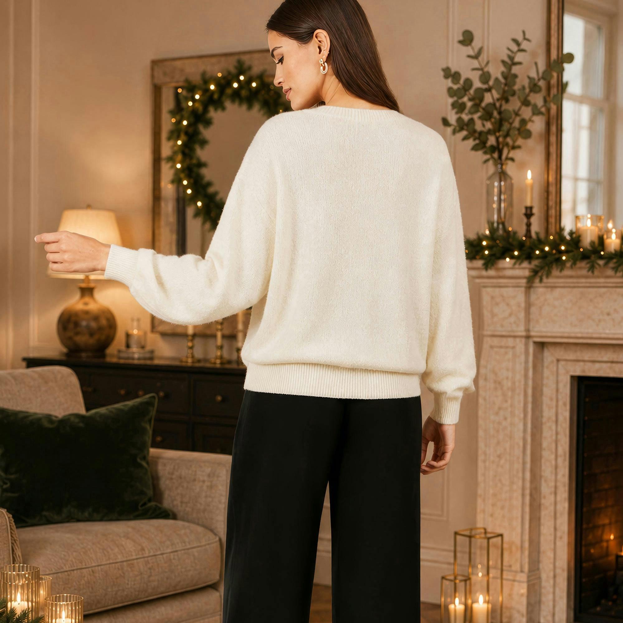 Yumi Ivory Sequin Bow Relaxed Jumper , view 3 of 4