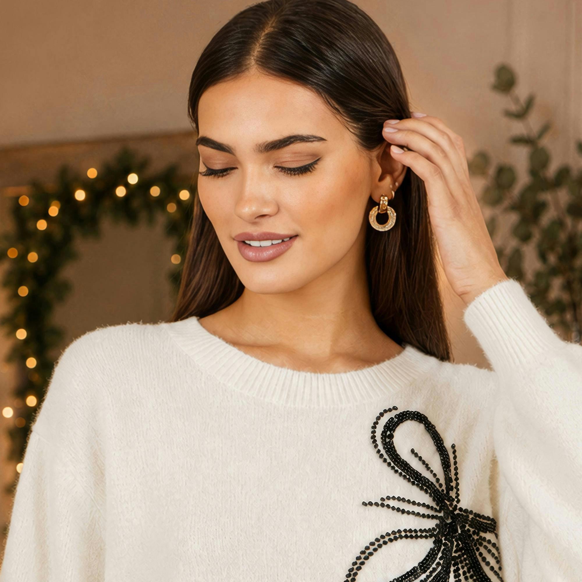 Yumi Ivory Sequin Bow Relaxed Jumper , view 4 of 4
