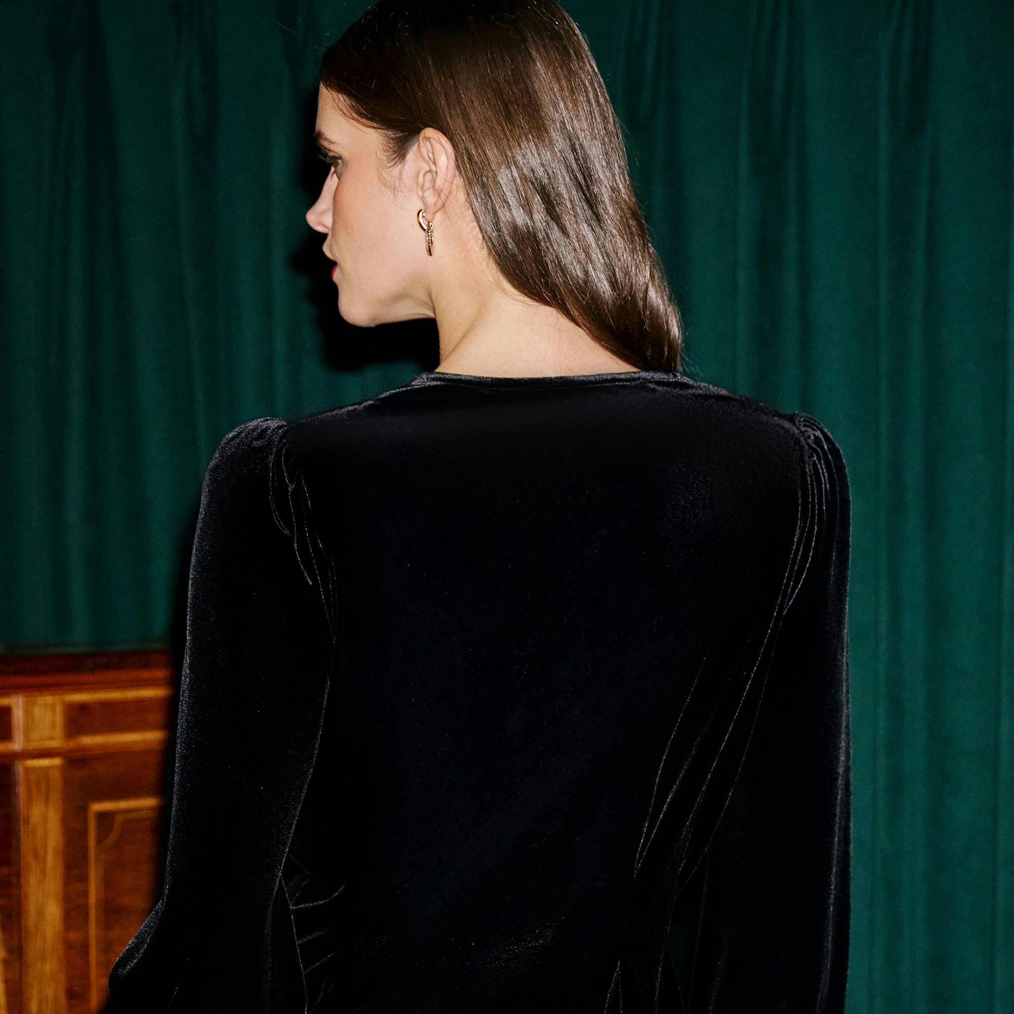Yumi Black Velvet Peplum Top With Bow Buttons , view 4 of 5