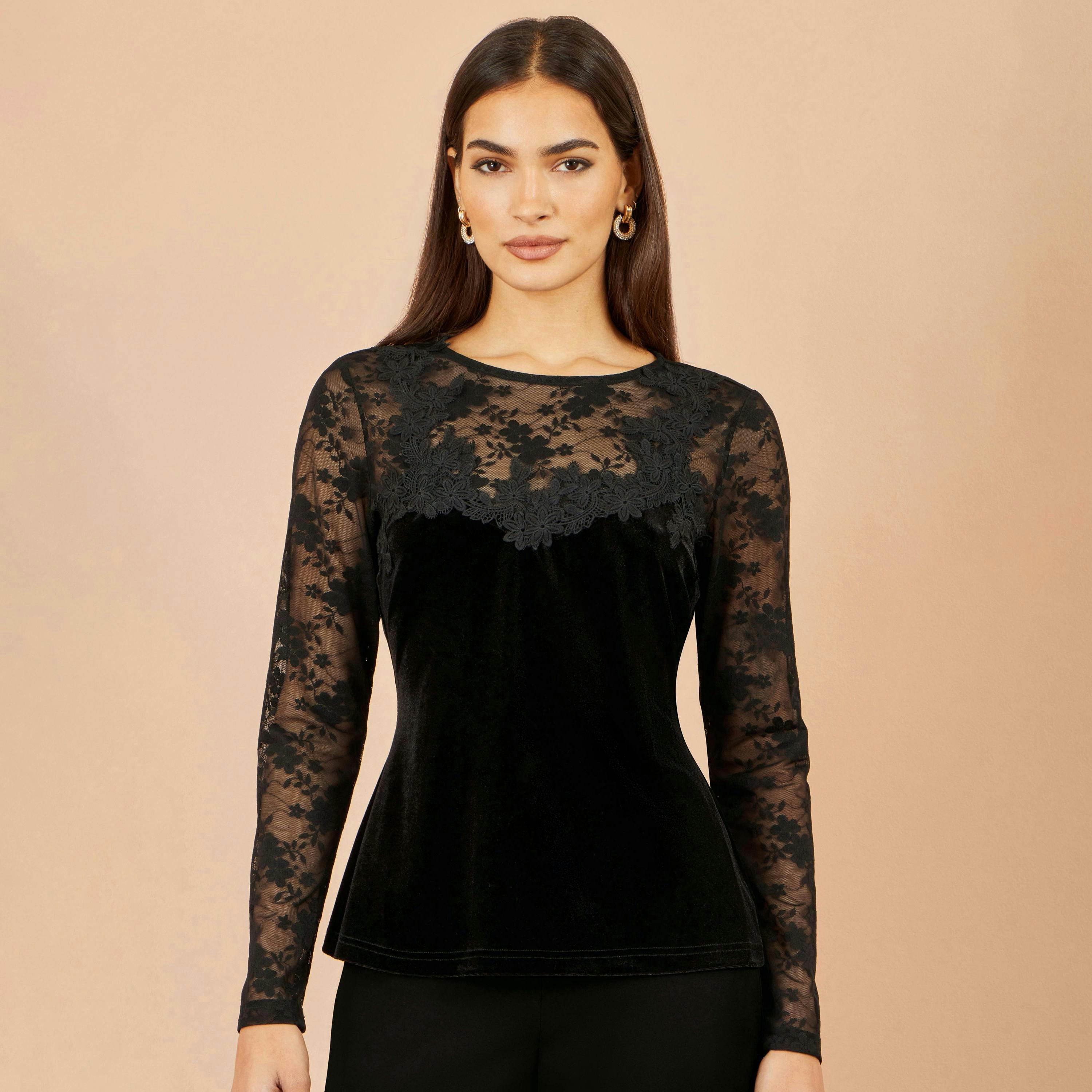 Yumi Black Lace Applique Long Sleeve Top , view 2 of 5