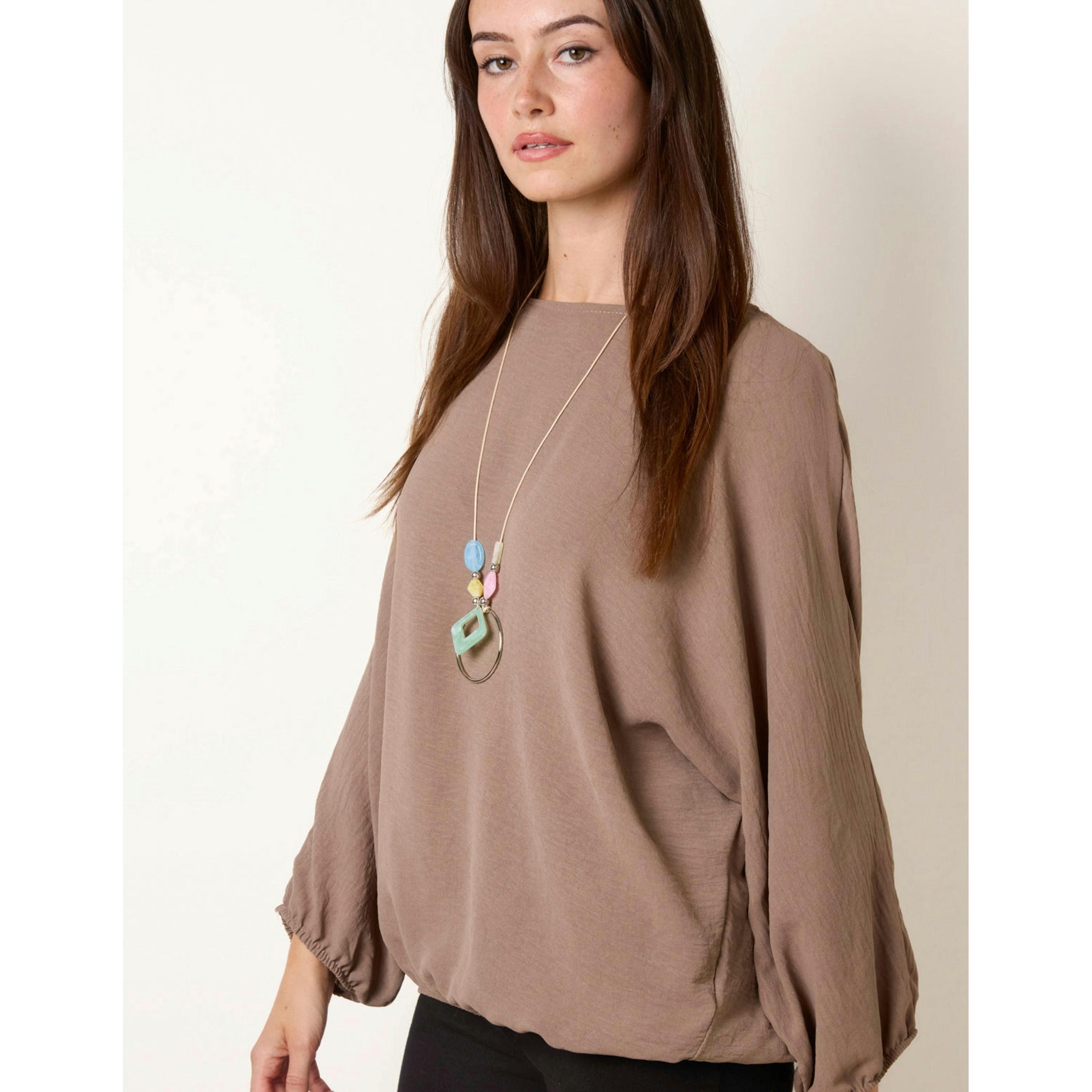 Blue Vanilla Elasticated Batwing Necklace Jersey Top  in Beige , view 4 of 4