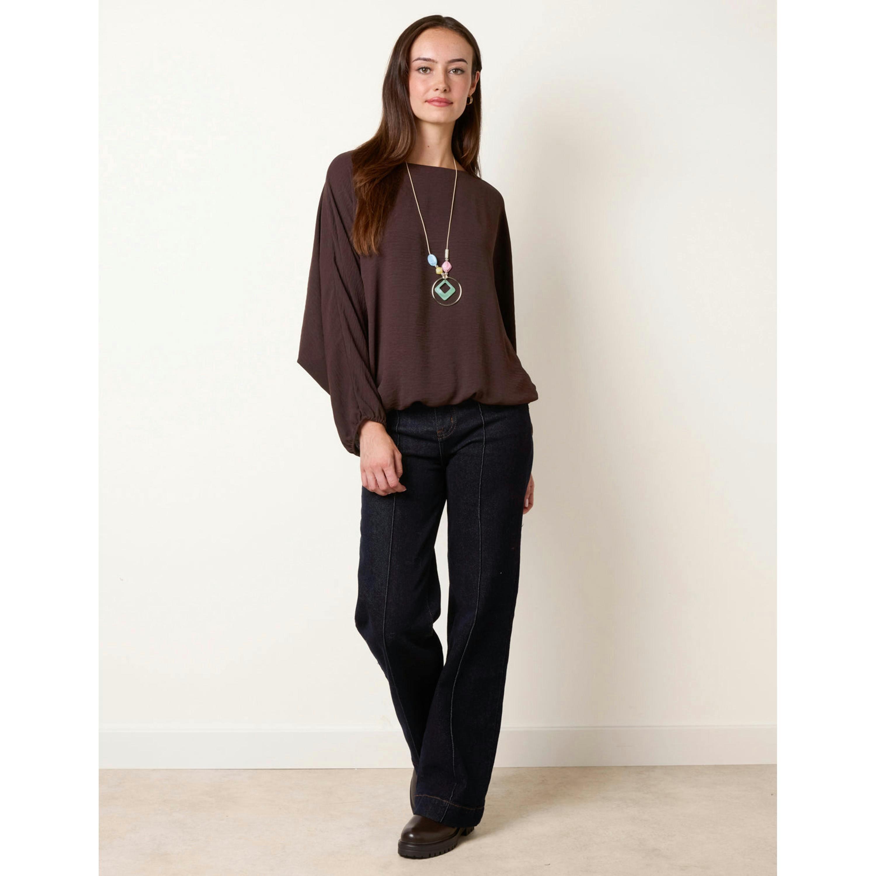 Blue Vanilla Elasticated Batwing Necklace Jersey Top  in Brown , view 3 of 4