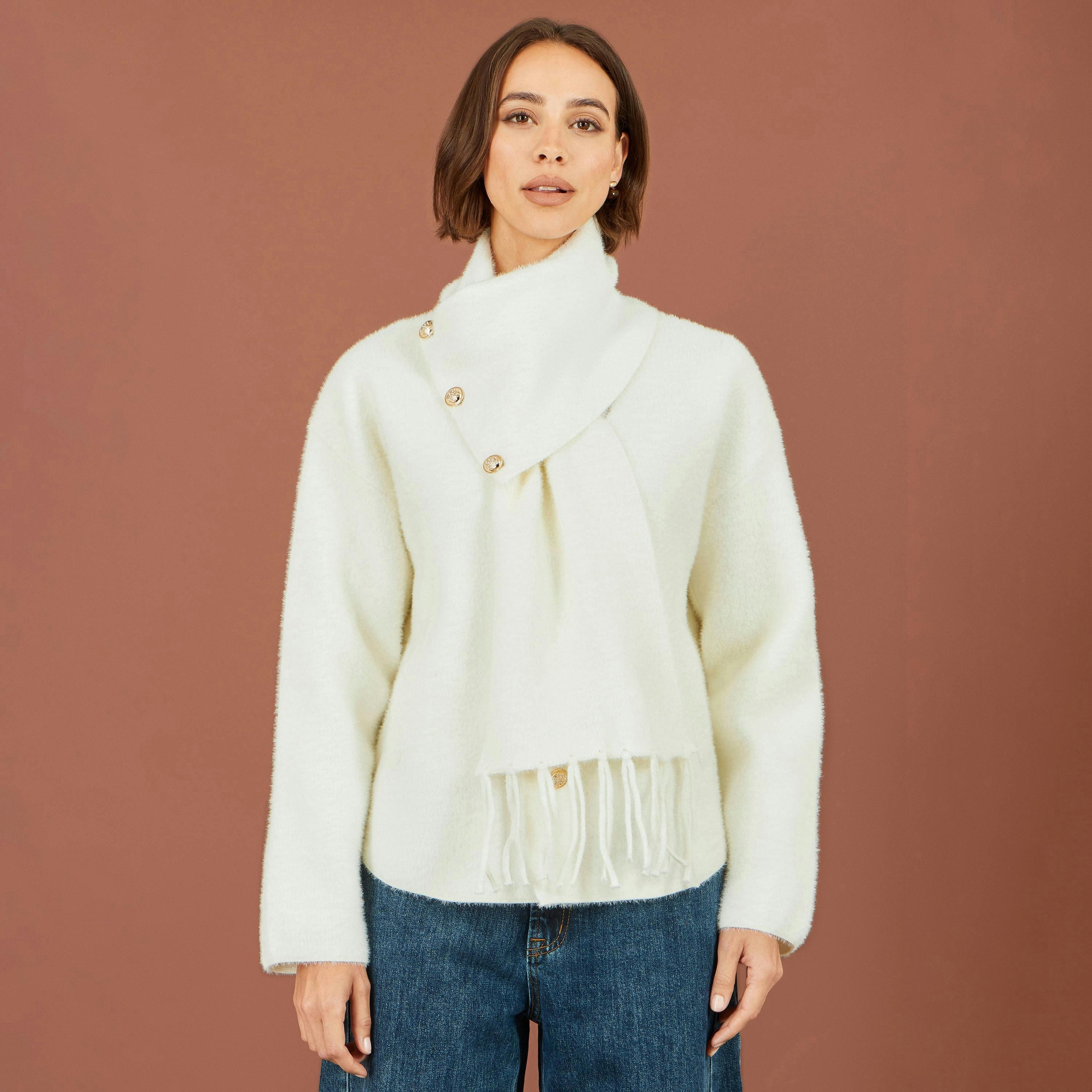 Yumi Ivory Eyelash Knit Jacket With Scarf , view 2 of 5
