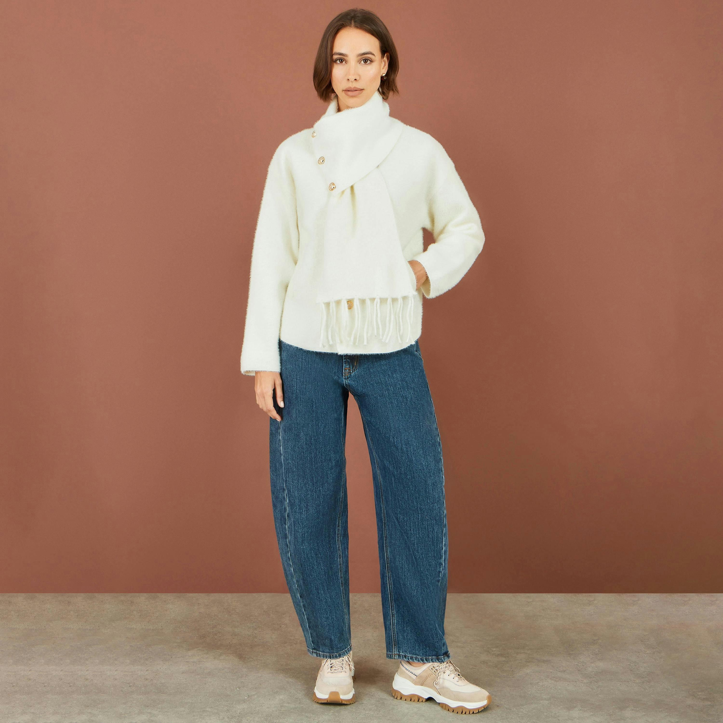 Yumi Ivory Eyelash Knit Jacket With Scarf , view 3 of 5