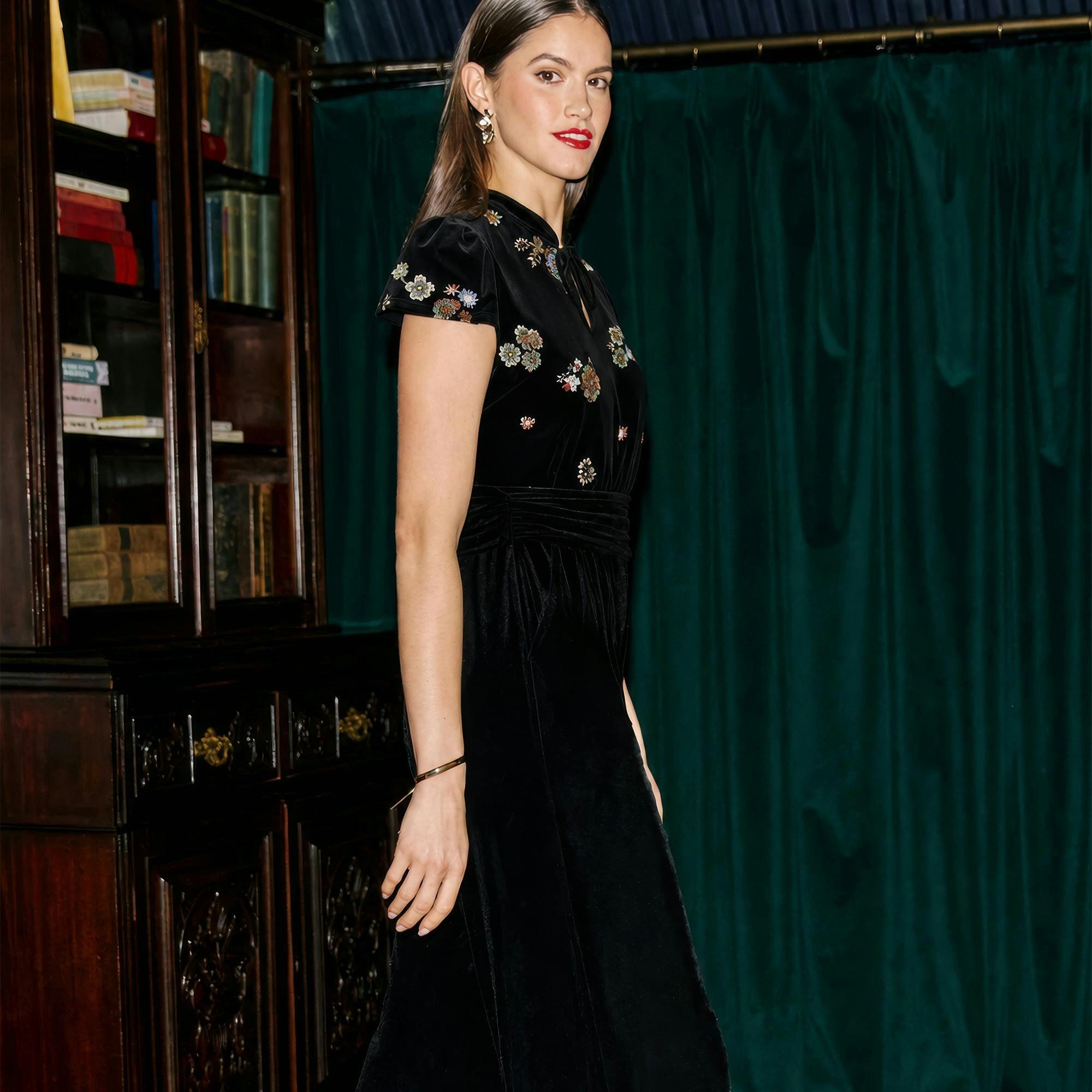 Yumi Black Luxe Velvet Embellished Jumpsuit , view 2 of 6
