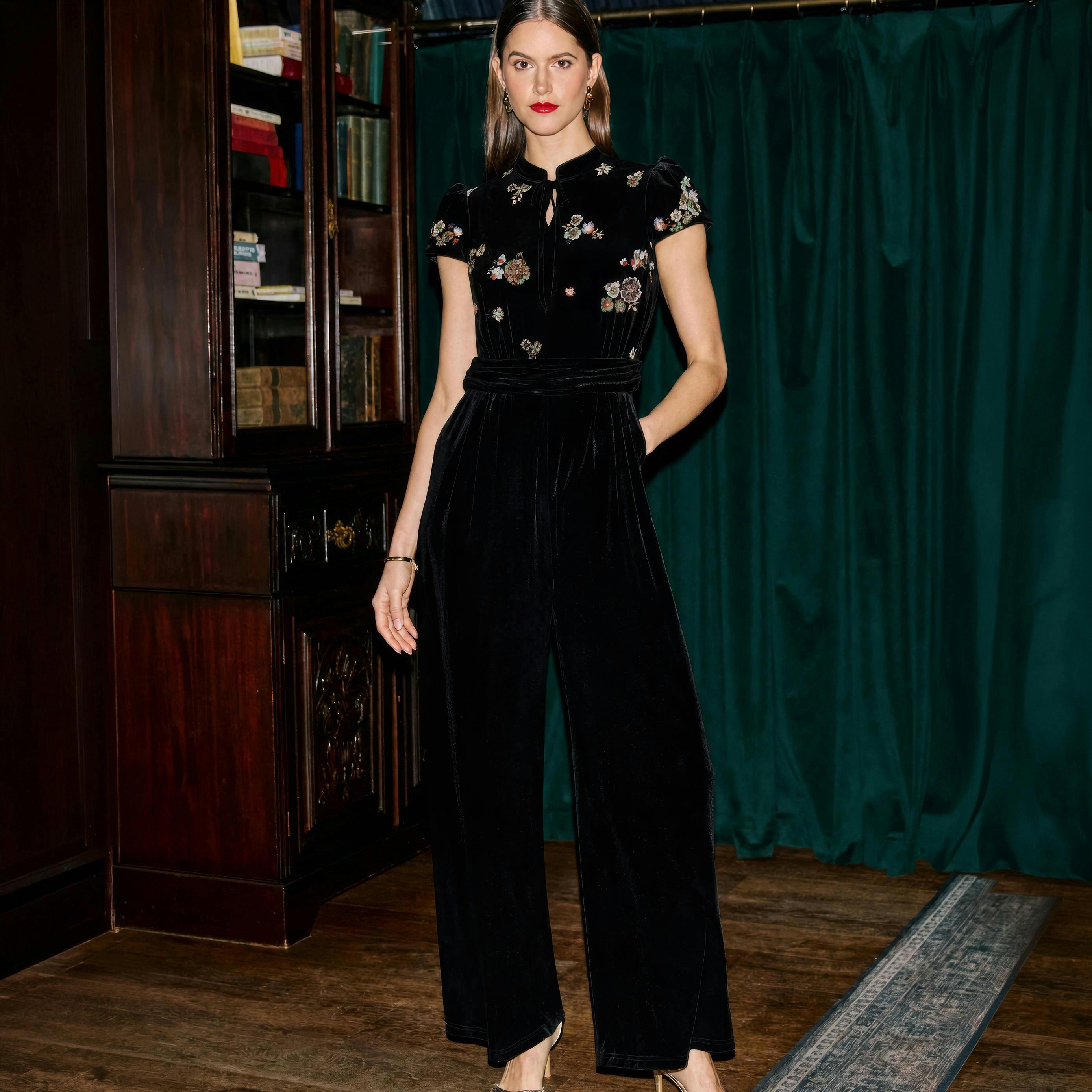 Yumi Black Luxe Velvet Embellished Jumpsuit , view 3 of 6