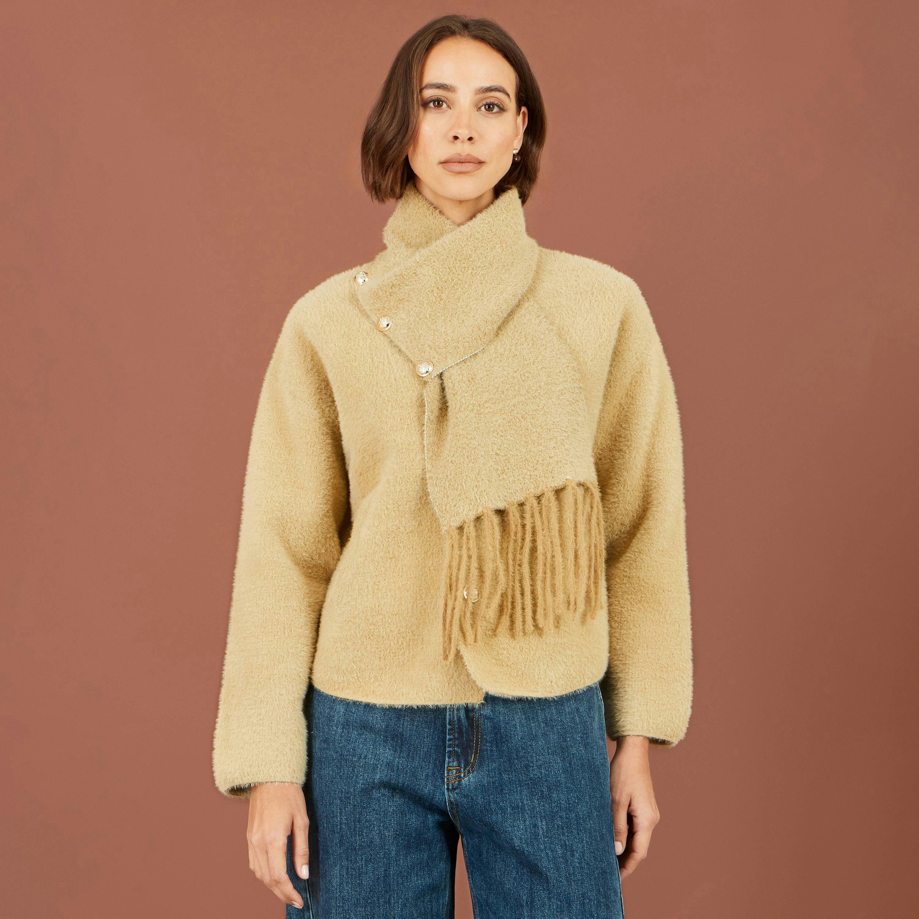 Yumi Camel Eyelash Knit Jacket With Scarf , view 2 of 6