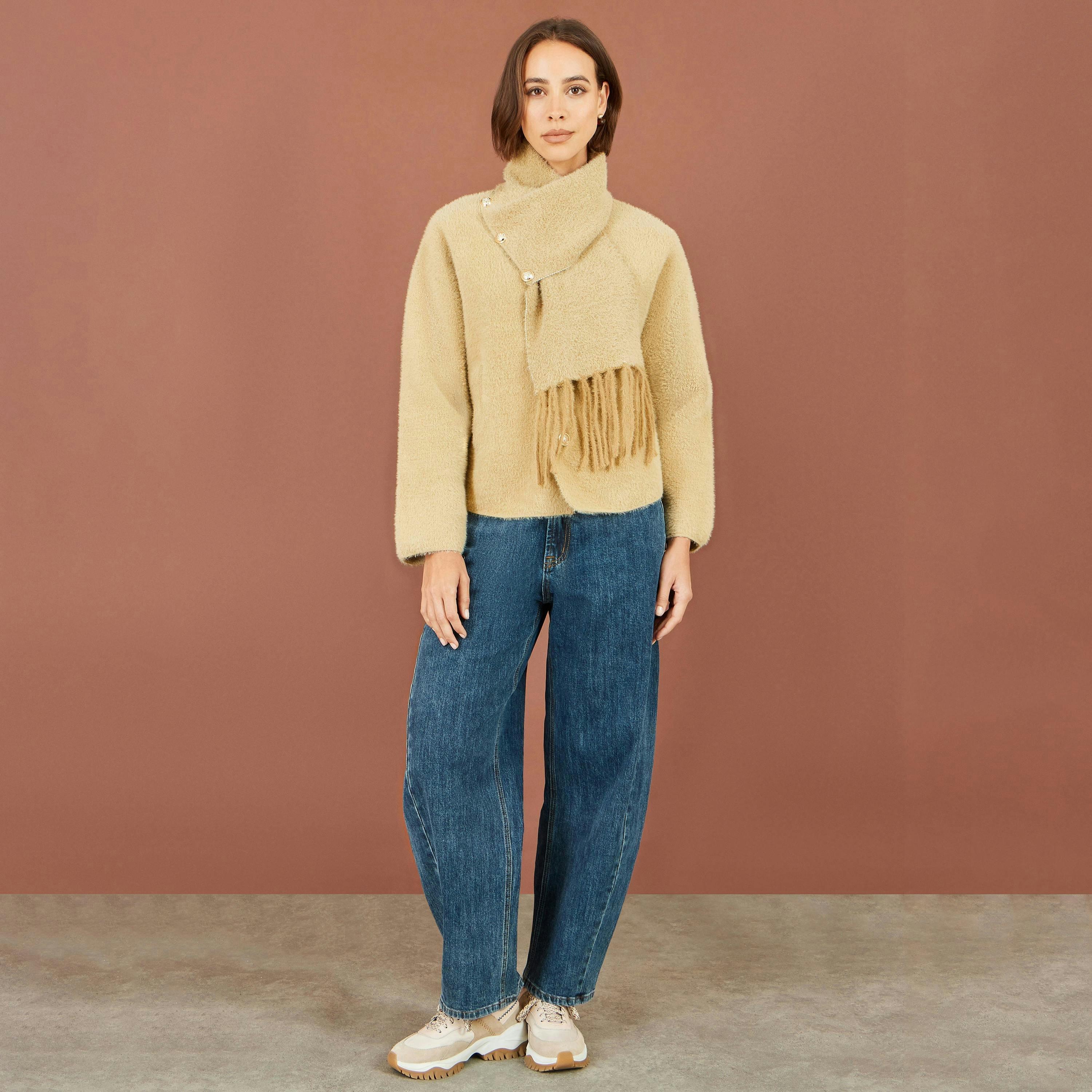 Yumi Camel Eyelash Knit Jacket With Scarf , view 3 of 6