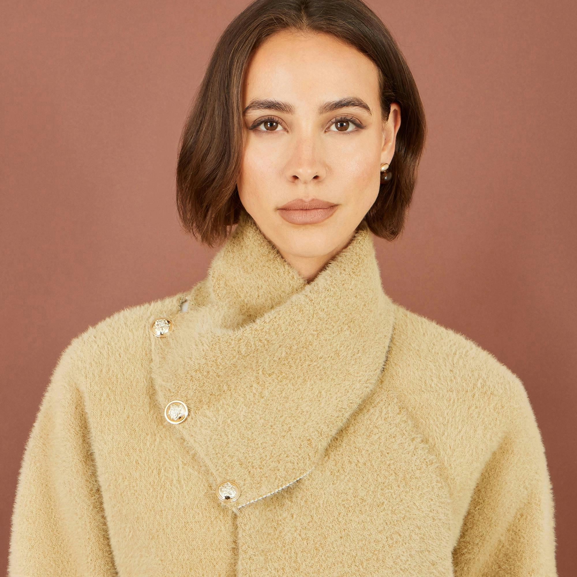 Yumi Camel Eyelash Knit Jacket With Scarf , view 5 of 6