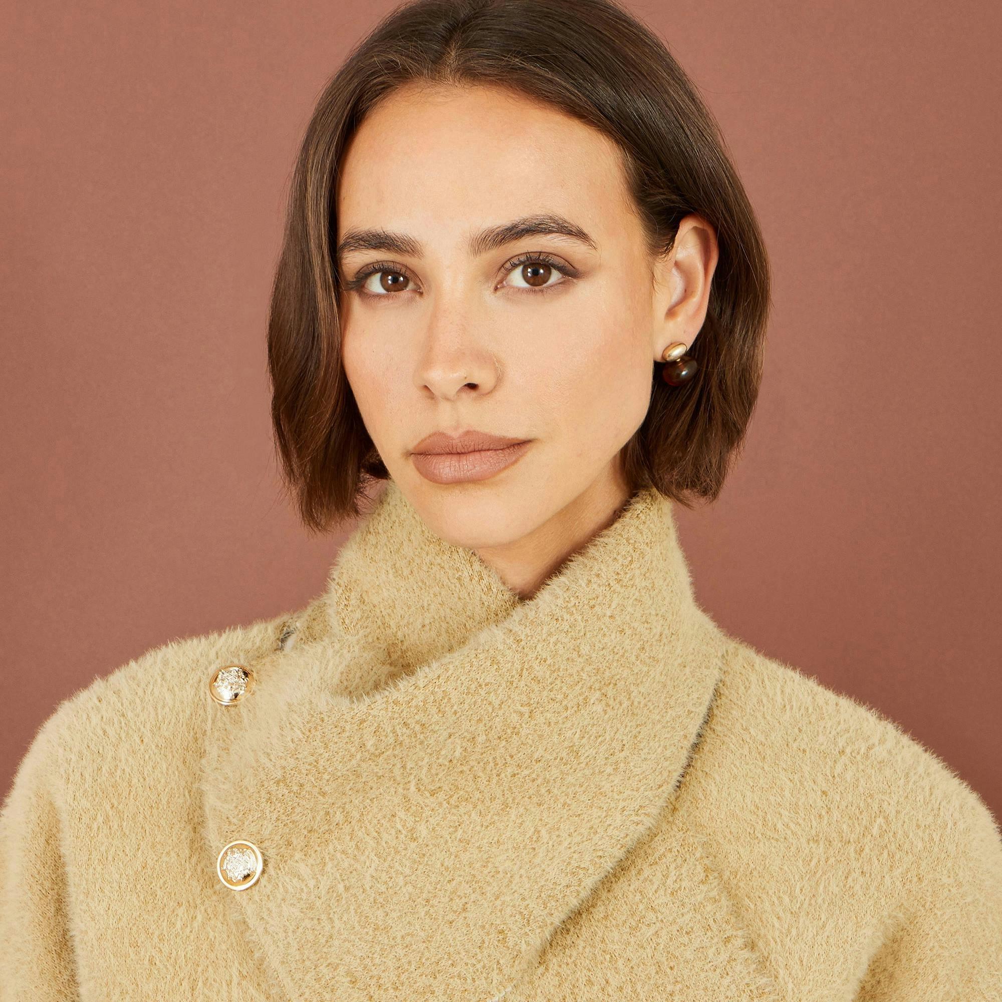 Yumi Camel Eyelash Knit Jacket With Scarf , view 6 of 6