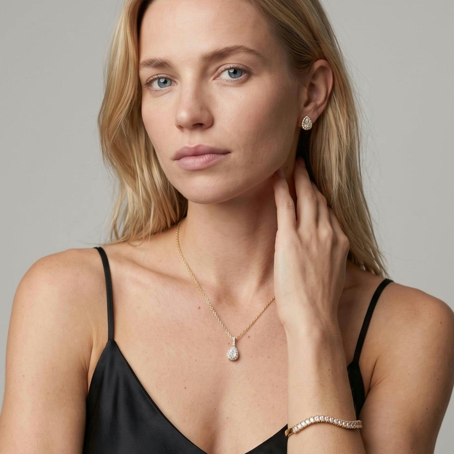 Kin Gold Teardrop Stone Earrings and Necklace Set , view 2 of 5