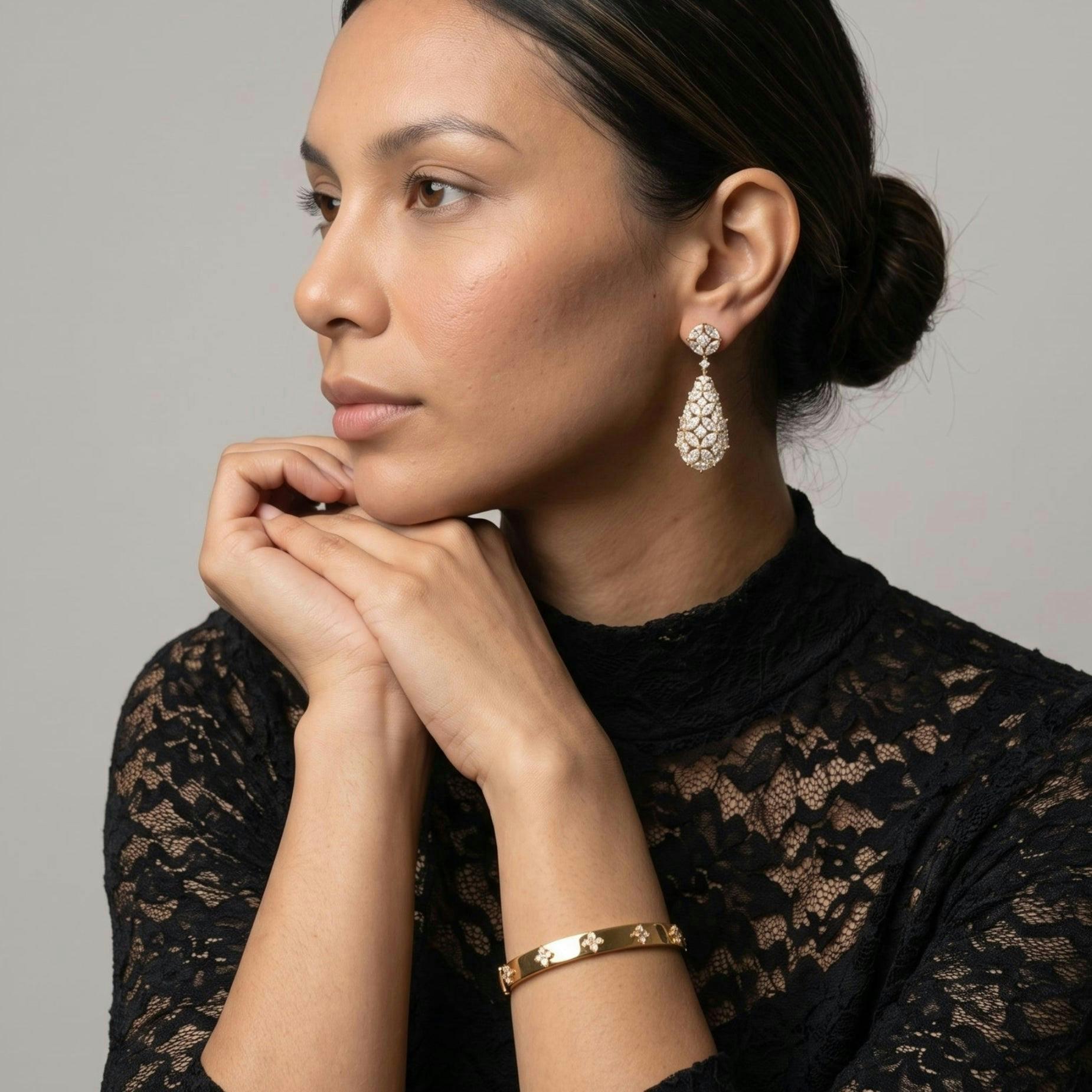 Kinmokusei Stone Floral Gold Drop Statement Earrings , view 2 of 6