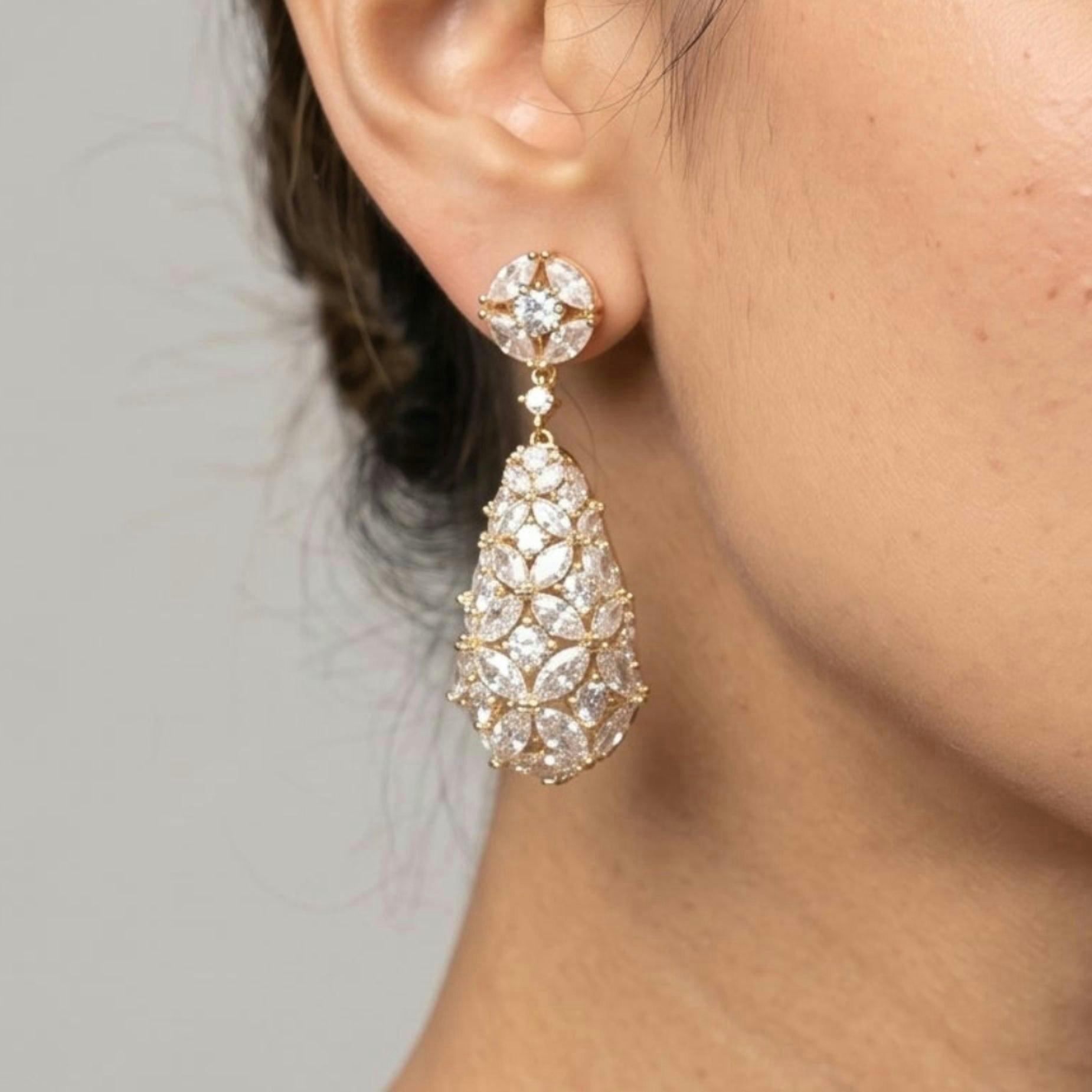 Kinmokusei Stone Floral Gold Drop Statement Earrings , view 3 of 6