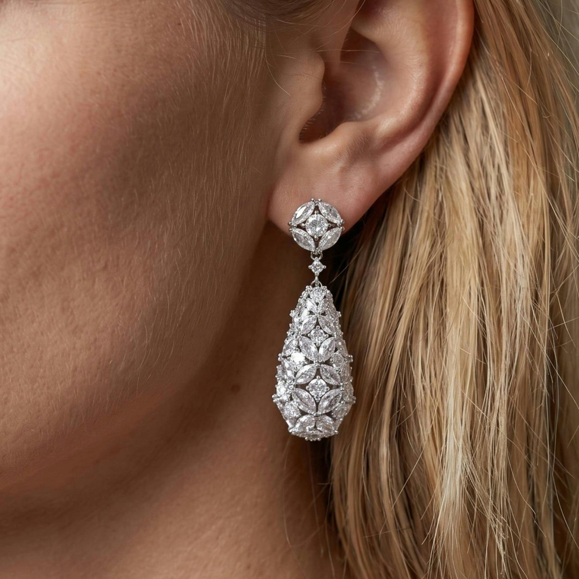 Kinmokusei Stone Floral Silver Drop Statement Earrings , view 3 of 6