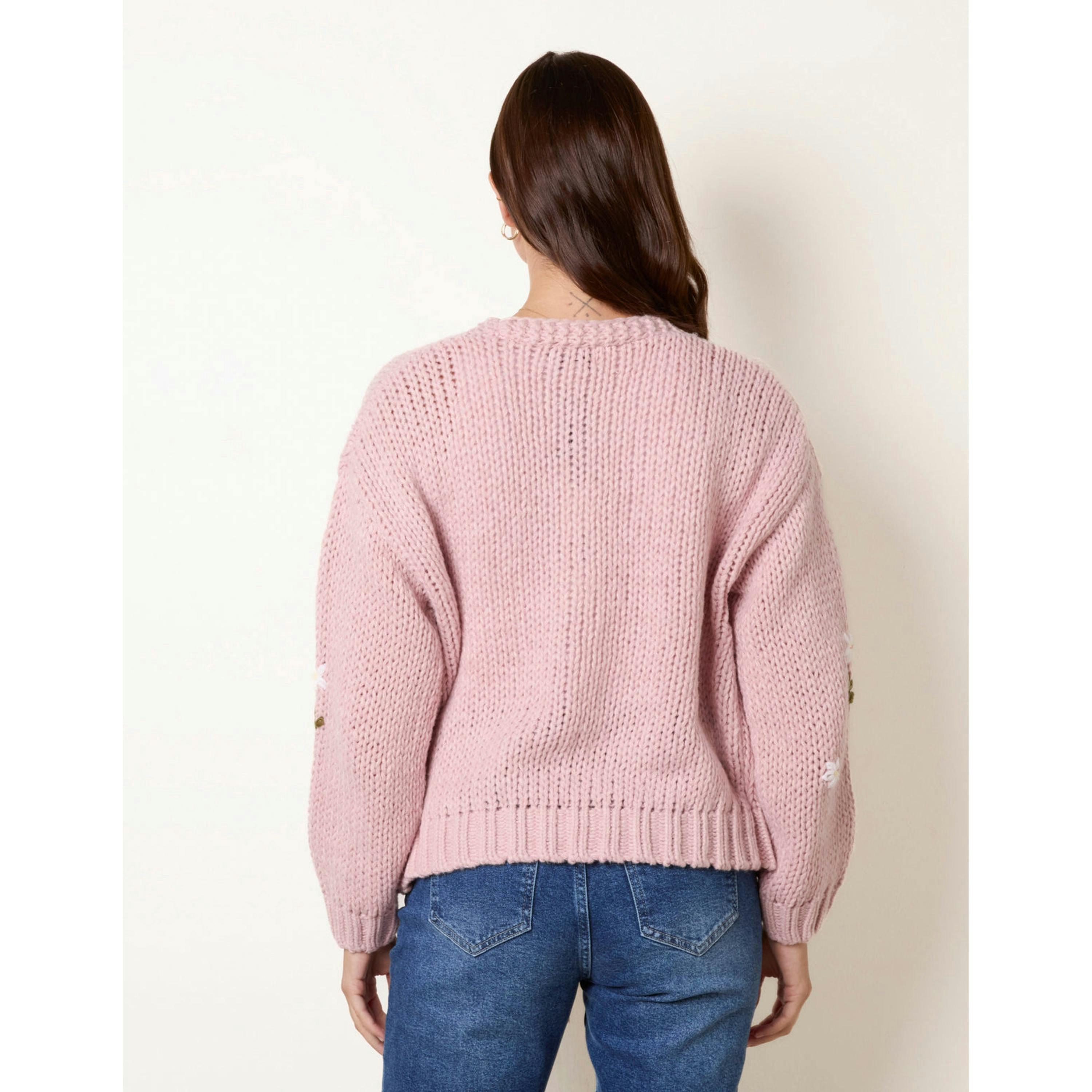 Blue Vanilla Flower Embroidery Detailed Cardigan  in Pink , view 2 of 4