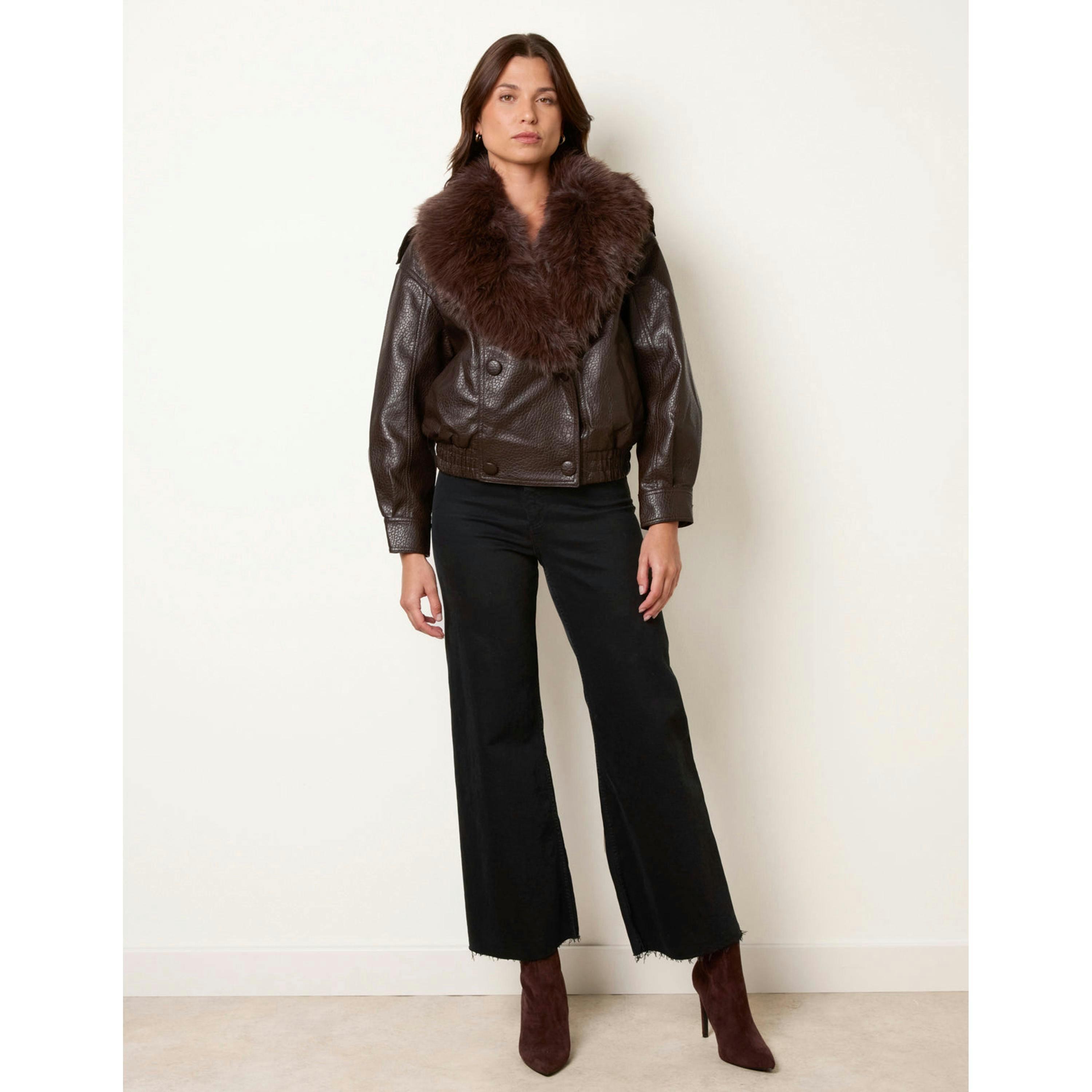 Blue Vanilla Faux Fur Collar Button Up Jacket  in Brown , view 3 of 4