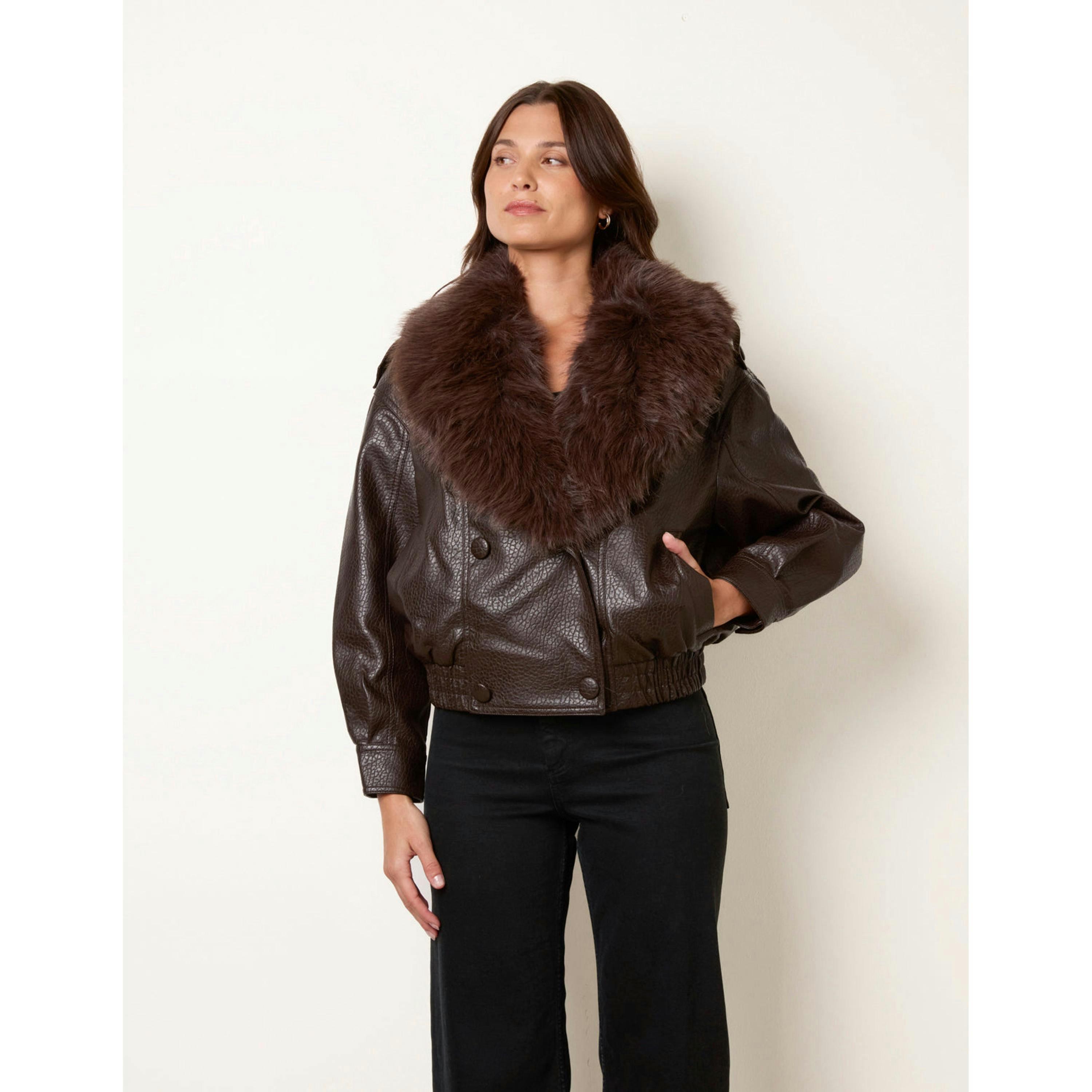 Blue Vanilla Faux Fur Collar Button Up Jacket  in Brown , view 4 of 4