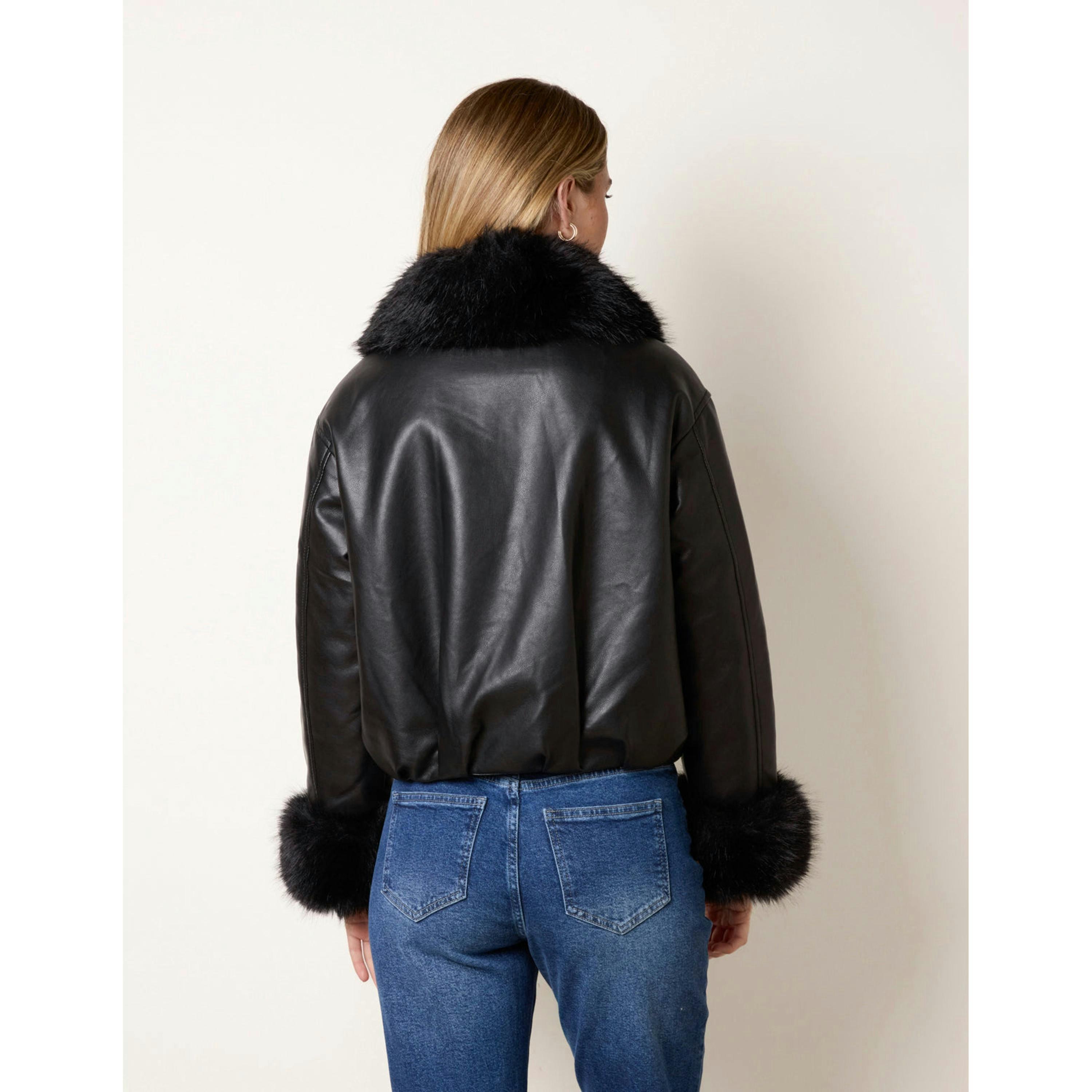 Blue Vanilla Faux Fur Collar & Cuff Cropped Jacket  in Black , view 2 of 4