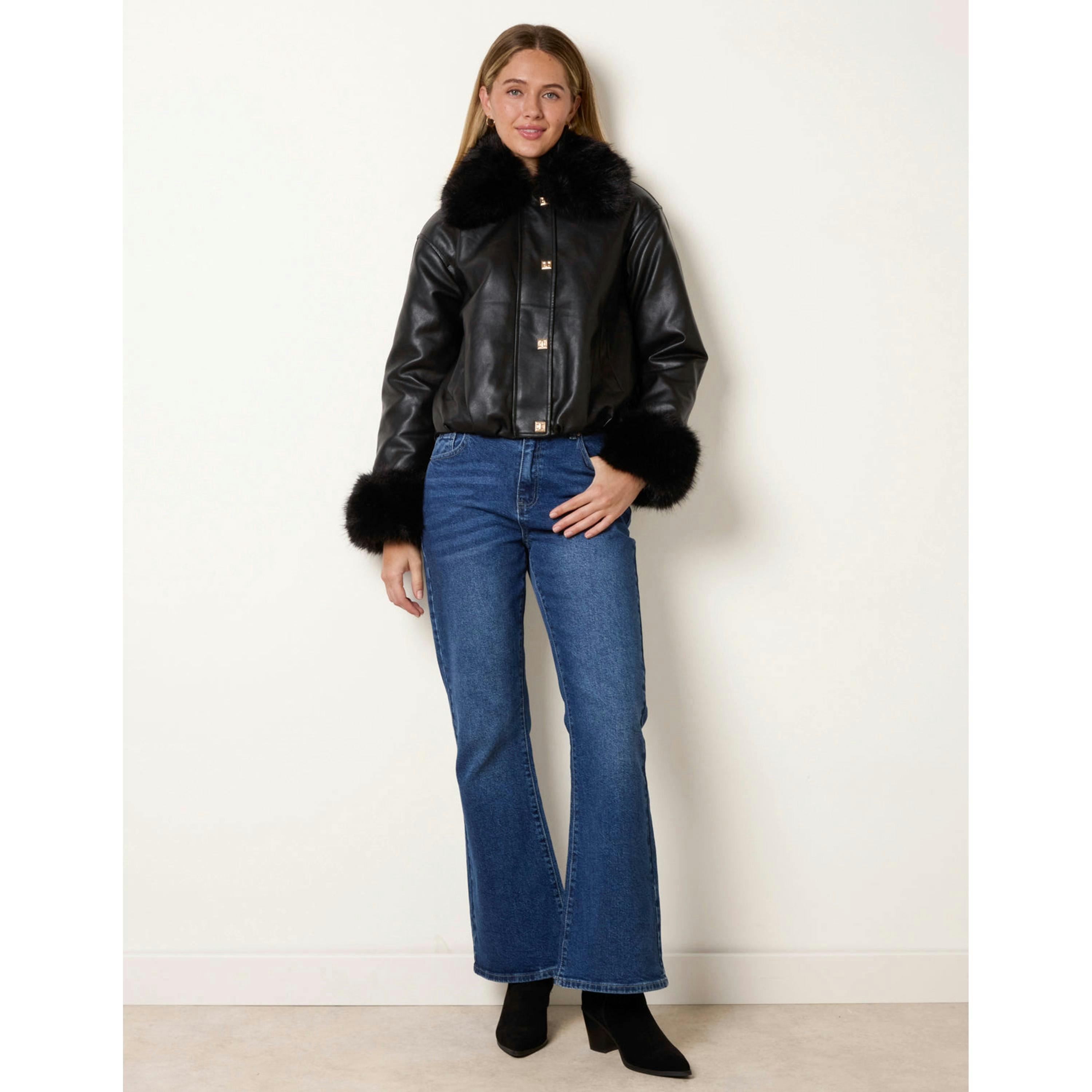 Blue Vanilla Faux Fur Collar & Cuff Cropped Jacket  in Black , view 3 of 4