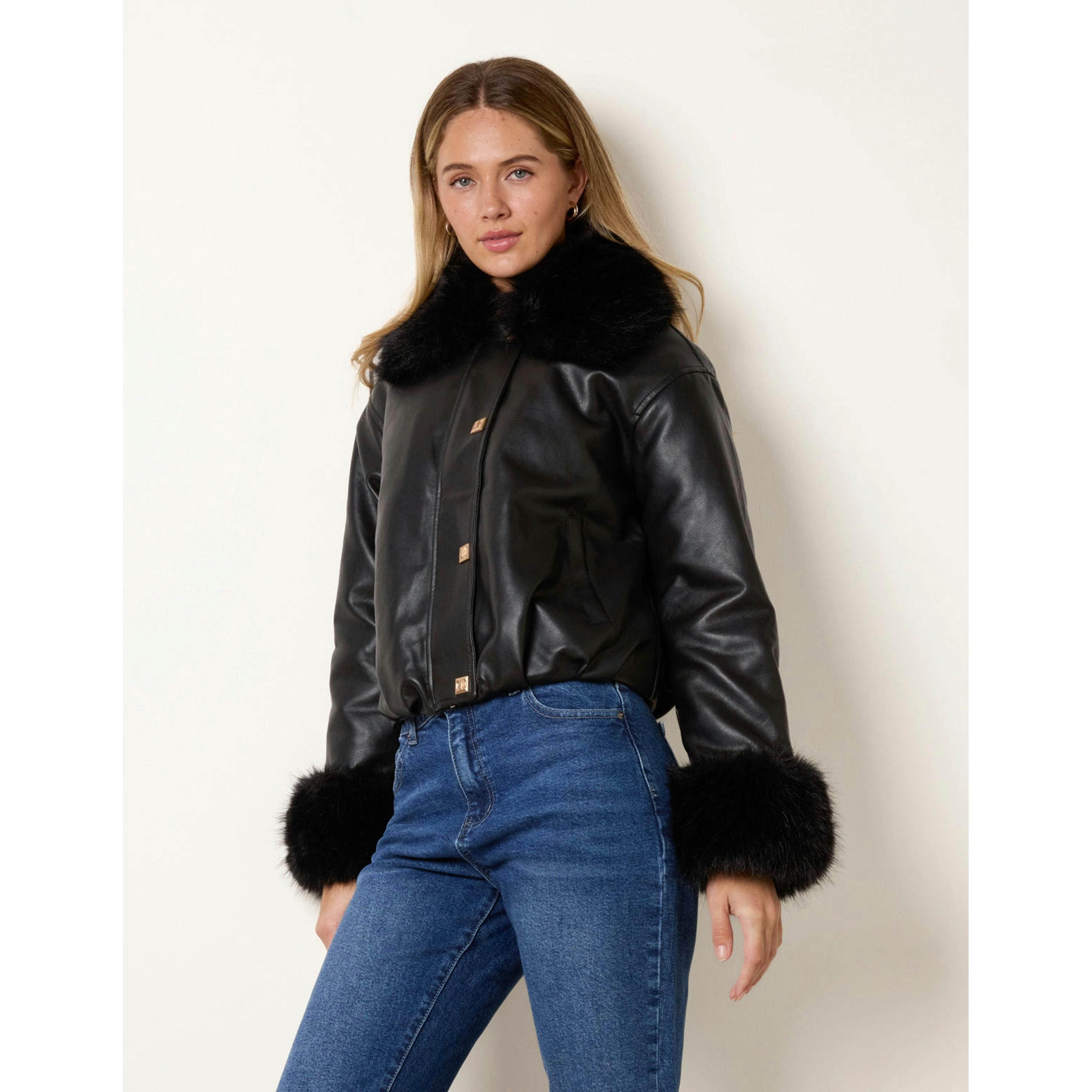 Blue Vanilla Faux Fur Collar & Cuff Cropped Jacket  in Black , view 4 of 4
