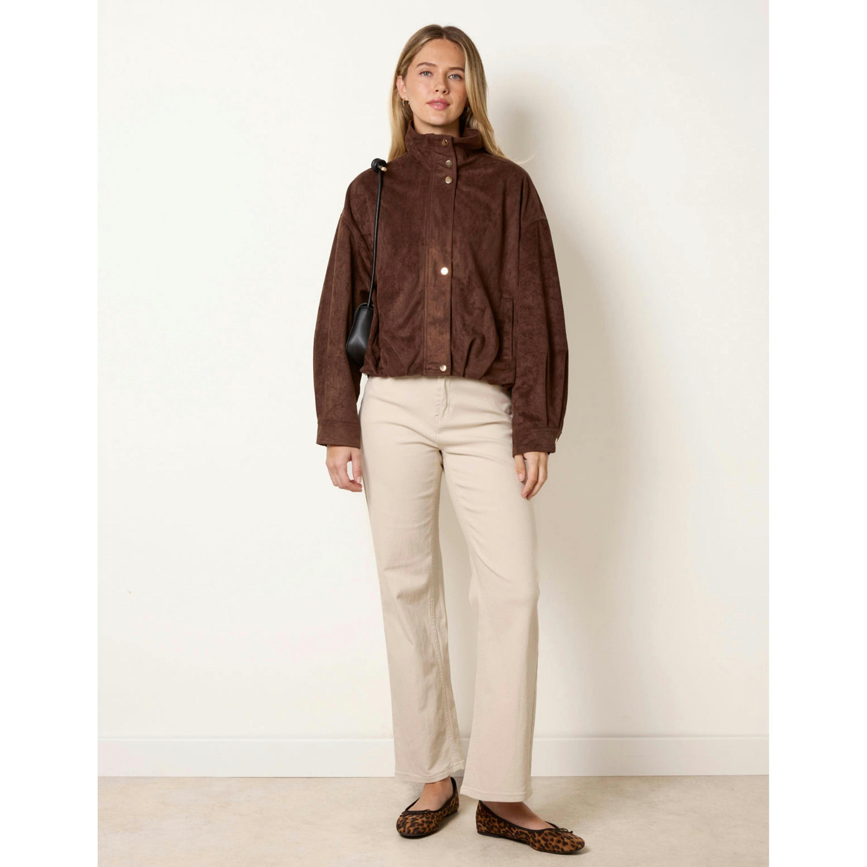 Blue Vanilla Funnel Neck Suede Jacket  in Brown , view 3 of 4