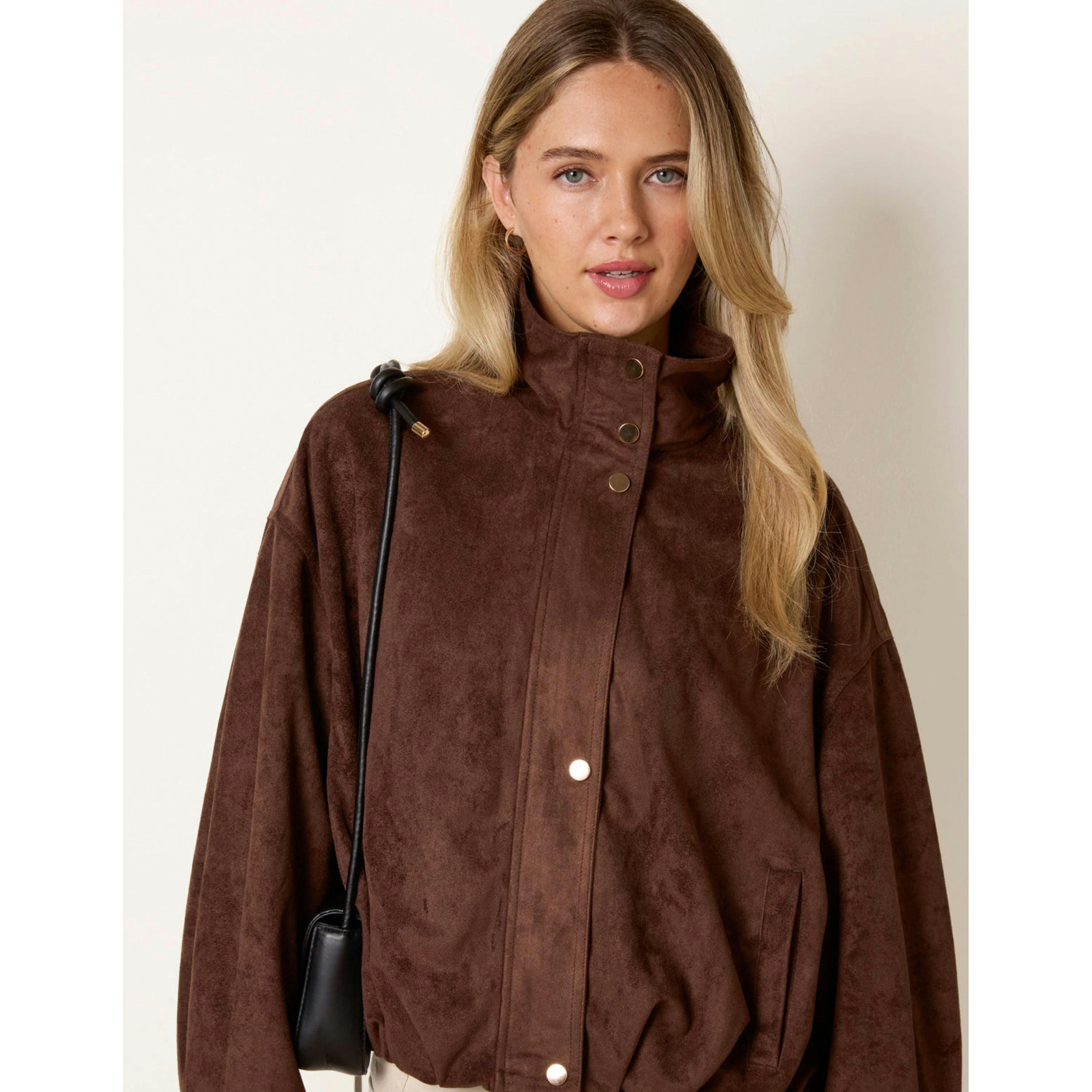 Blue Vanilla Funnel Neck Suede Jacket  in Brown , view 4 of 4