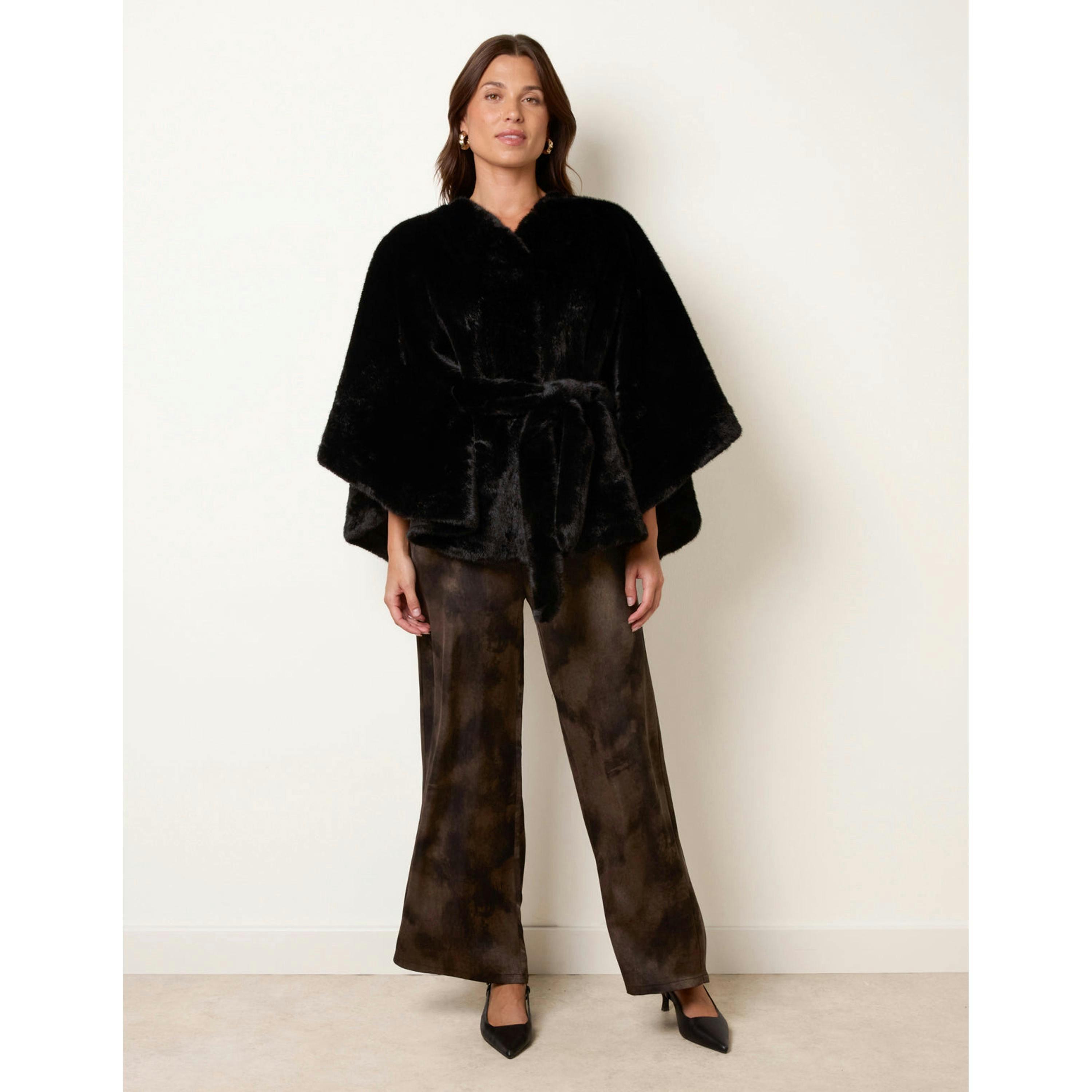 Blue Vanilla Faux Fur Tie Front Cape  in Black , view 3 of 4
