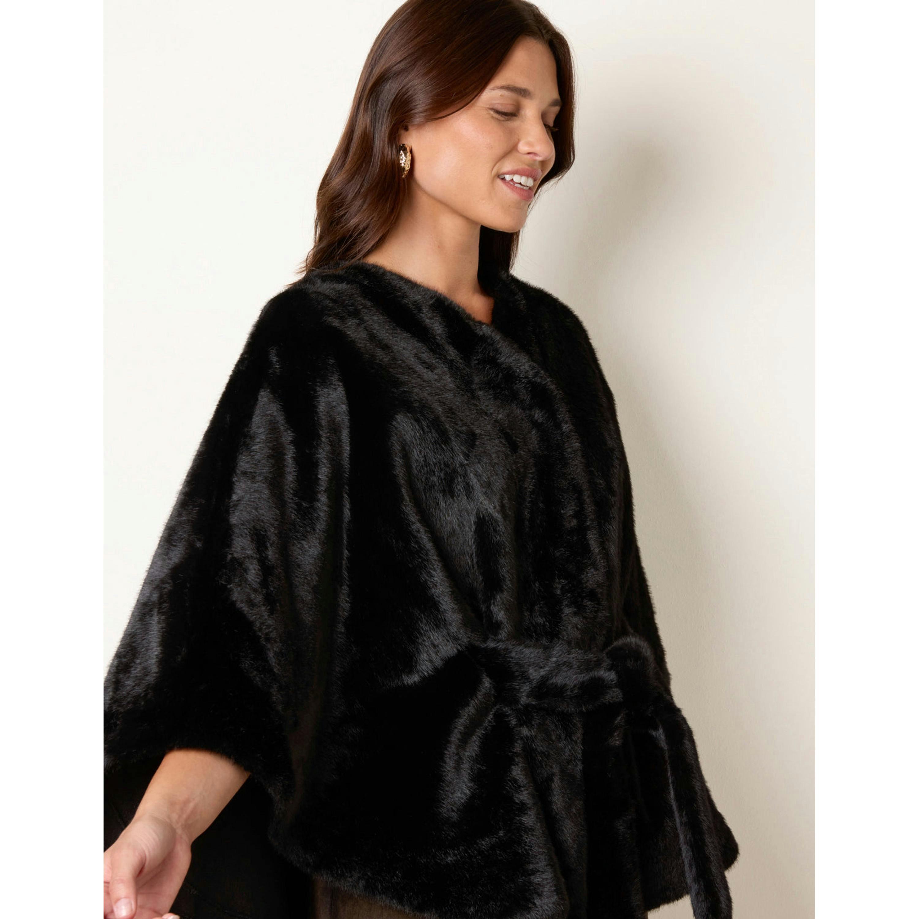 Blue Vanilla Faux Fur Tie Front Cape  in Black , view 4 of 4
