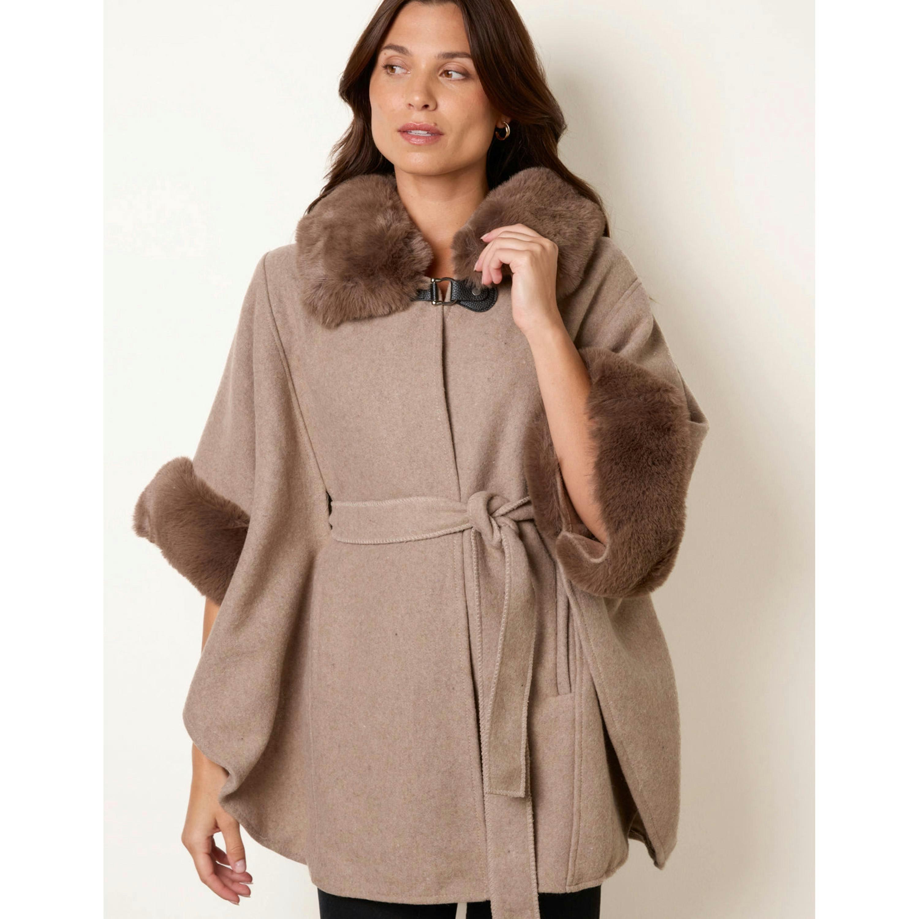 Blue Vanilla Faux Fur Trimmed Cape  in Beige , view 2 of 4