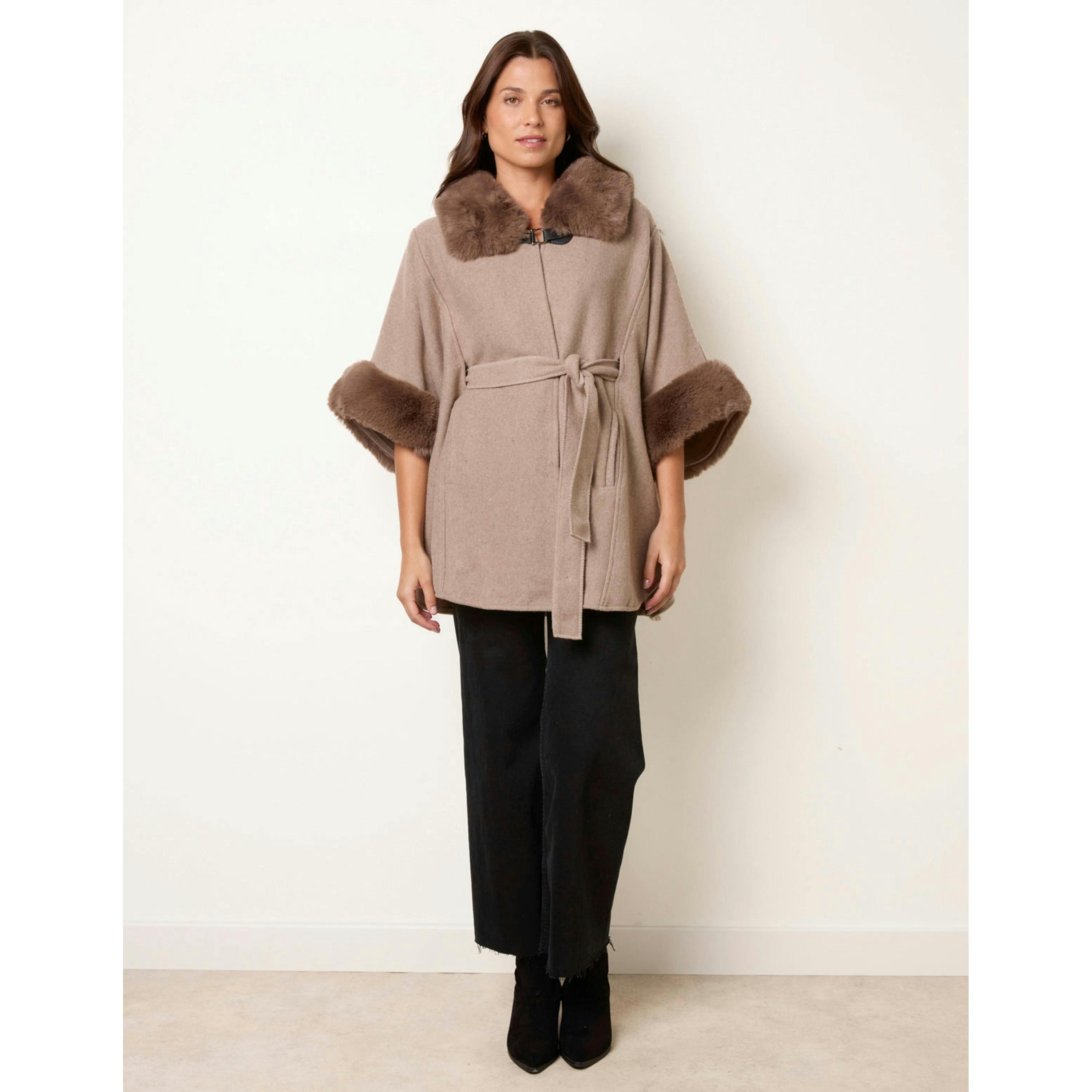 Blue Vanilla Faux Fur Trimmed Cape  in Beige , view 3 of 4