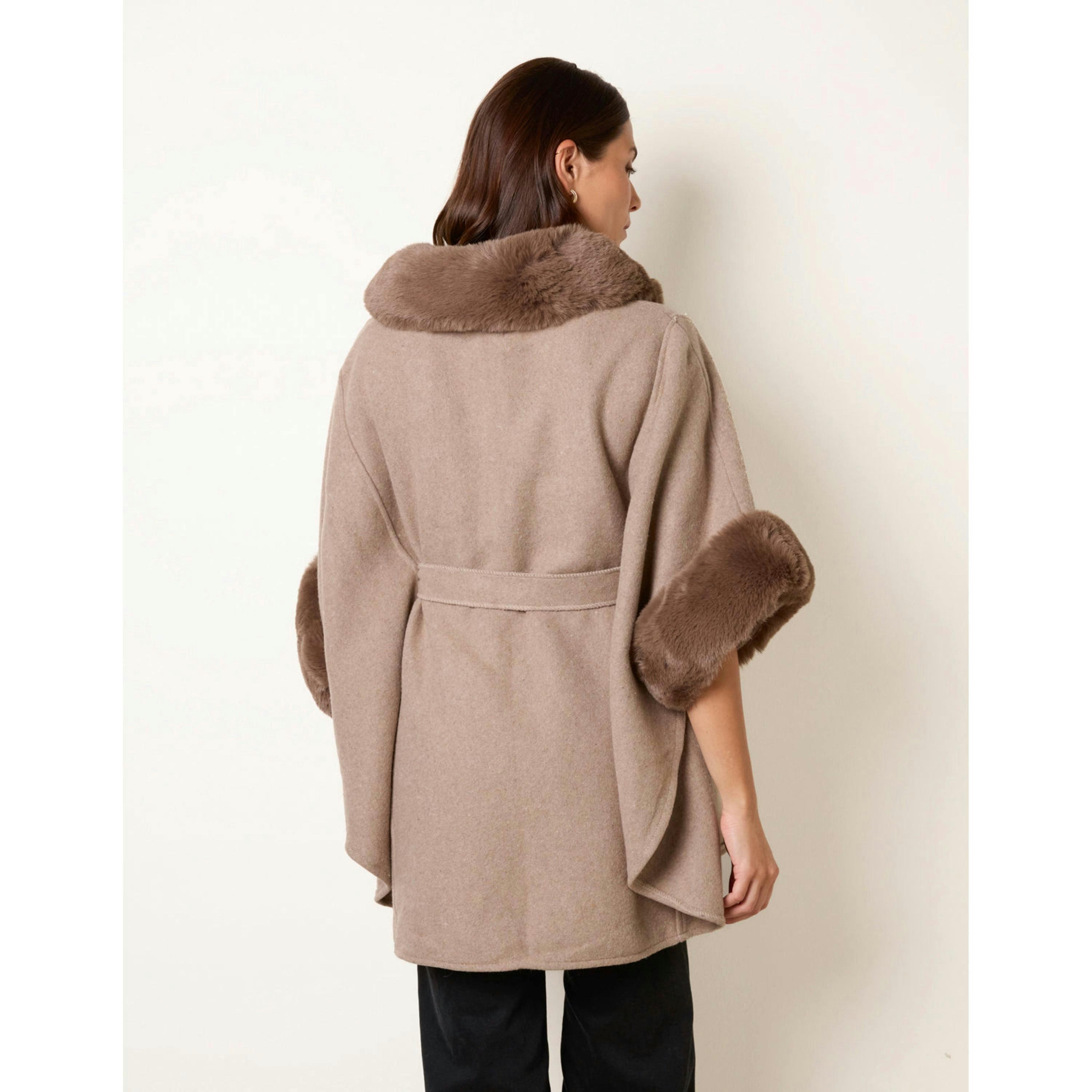Blue Vanilla Faux Fur Trimmed Cape  in Beige , view 4 of 4
