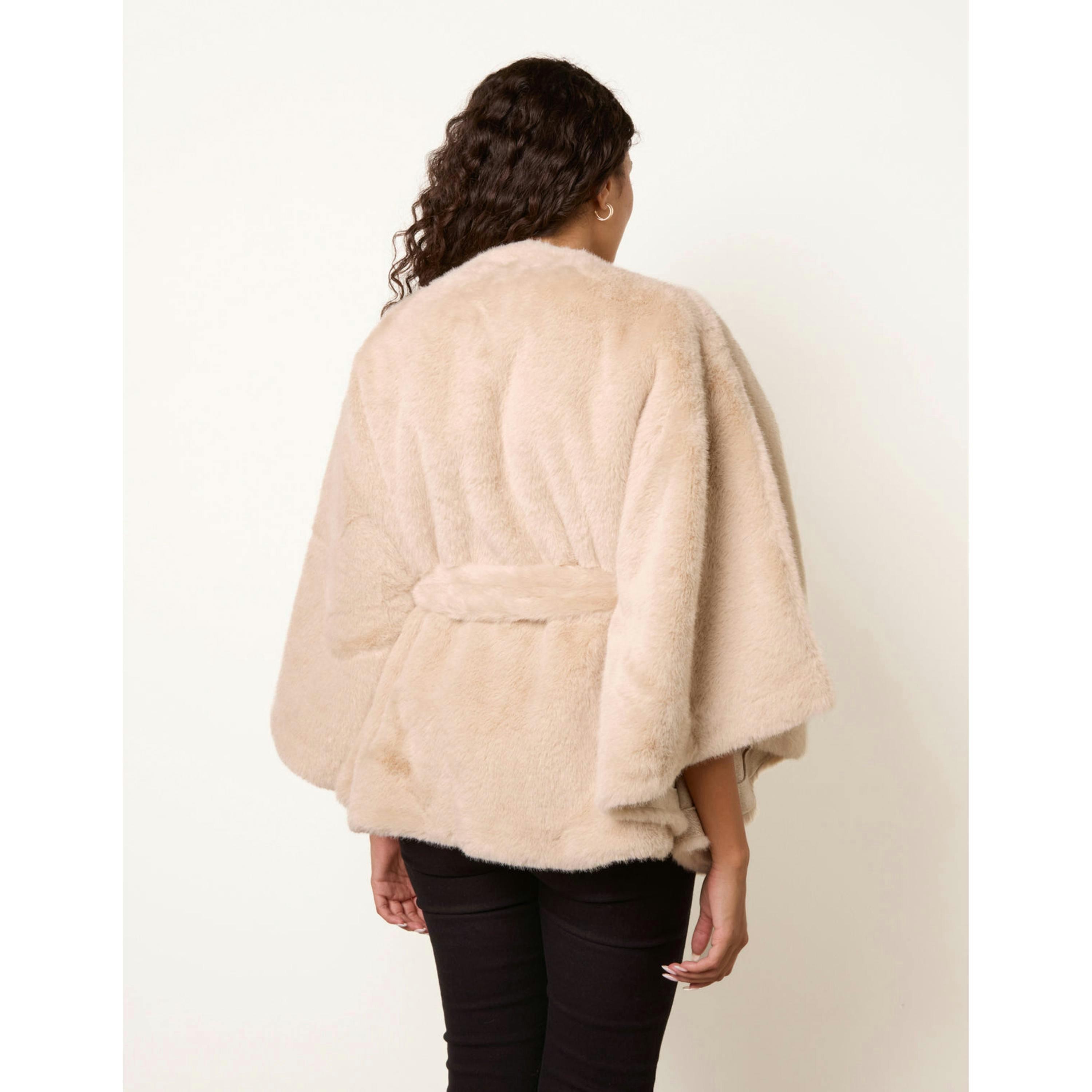 Blue Vanilla Faux Fur Tie Front Cape  in Beige , view 2 of 4