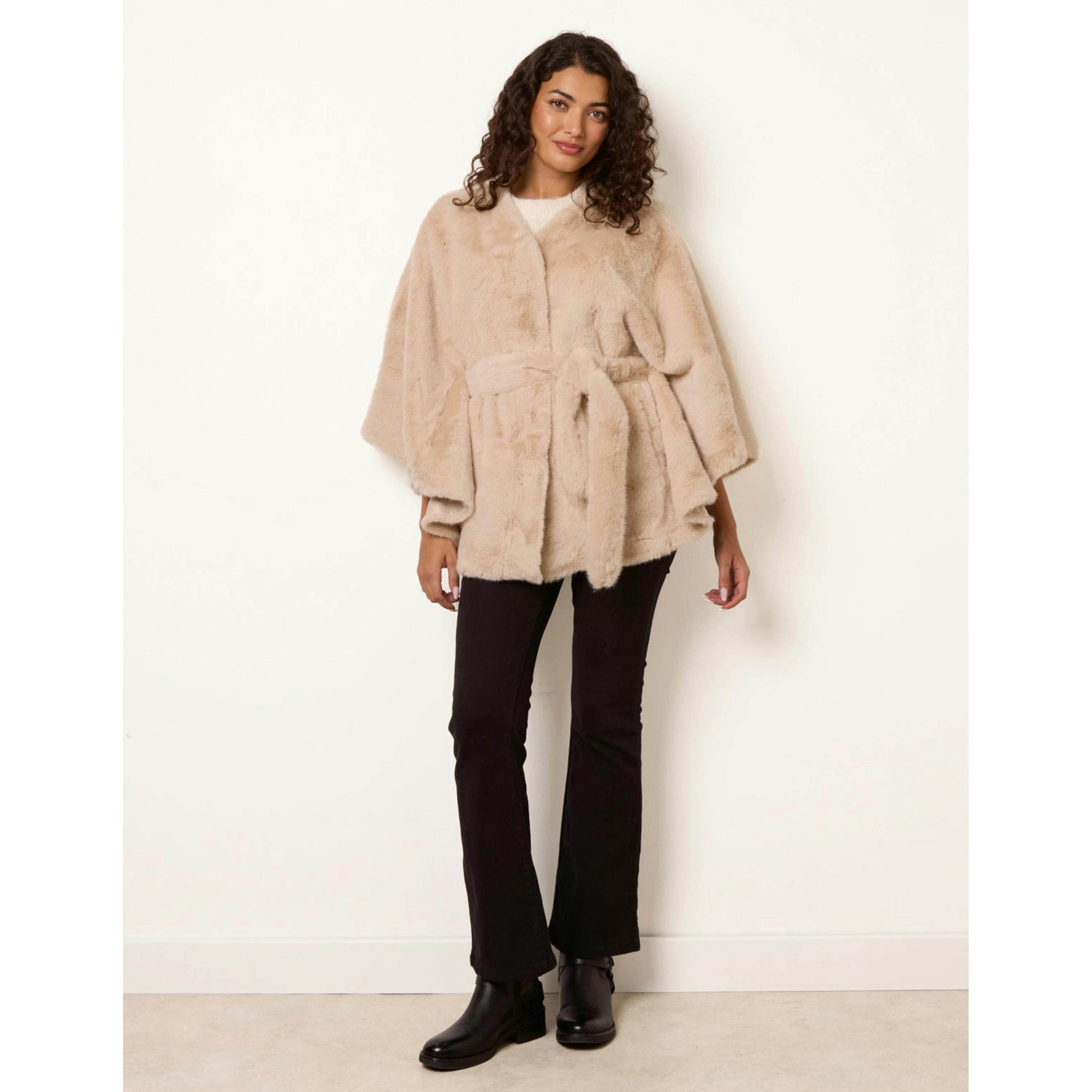 Blue Vanilla Faux Fur Tie Front Cape  in Beige , view 3 of 4