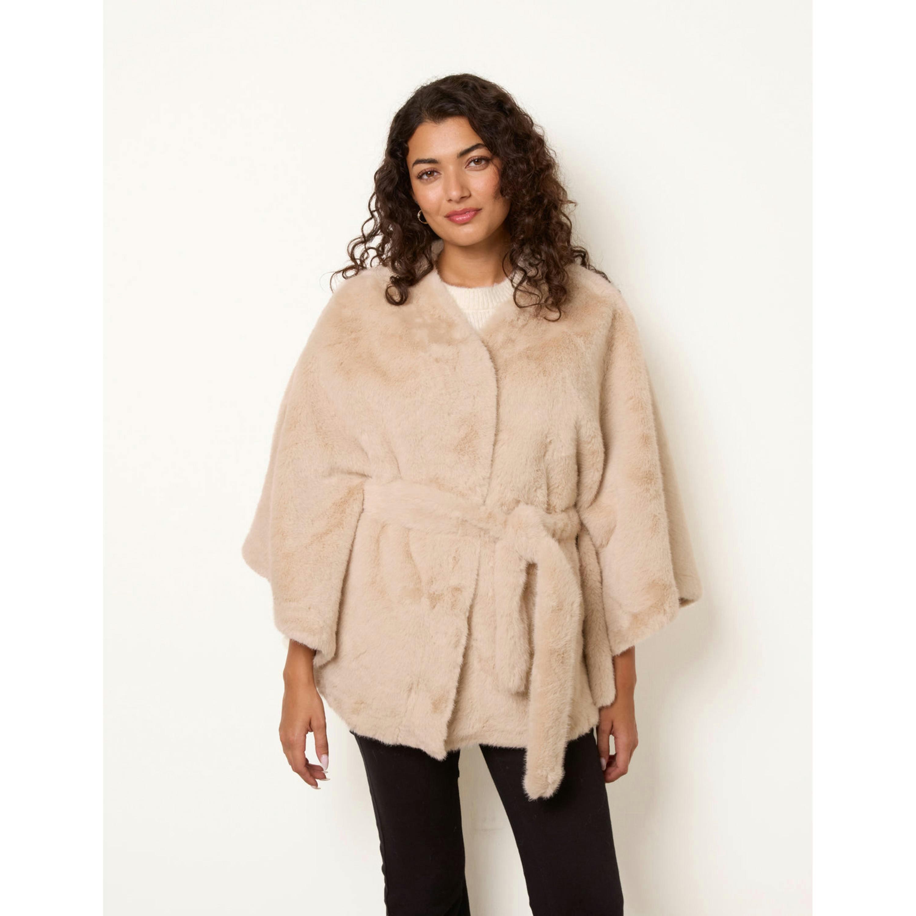 Blue Vanilla Faux Fur Tie Front Cape  in Beige , view 4 of 4