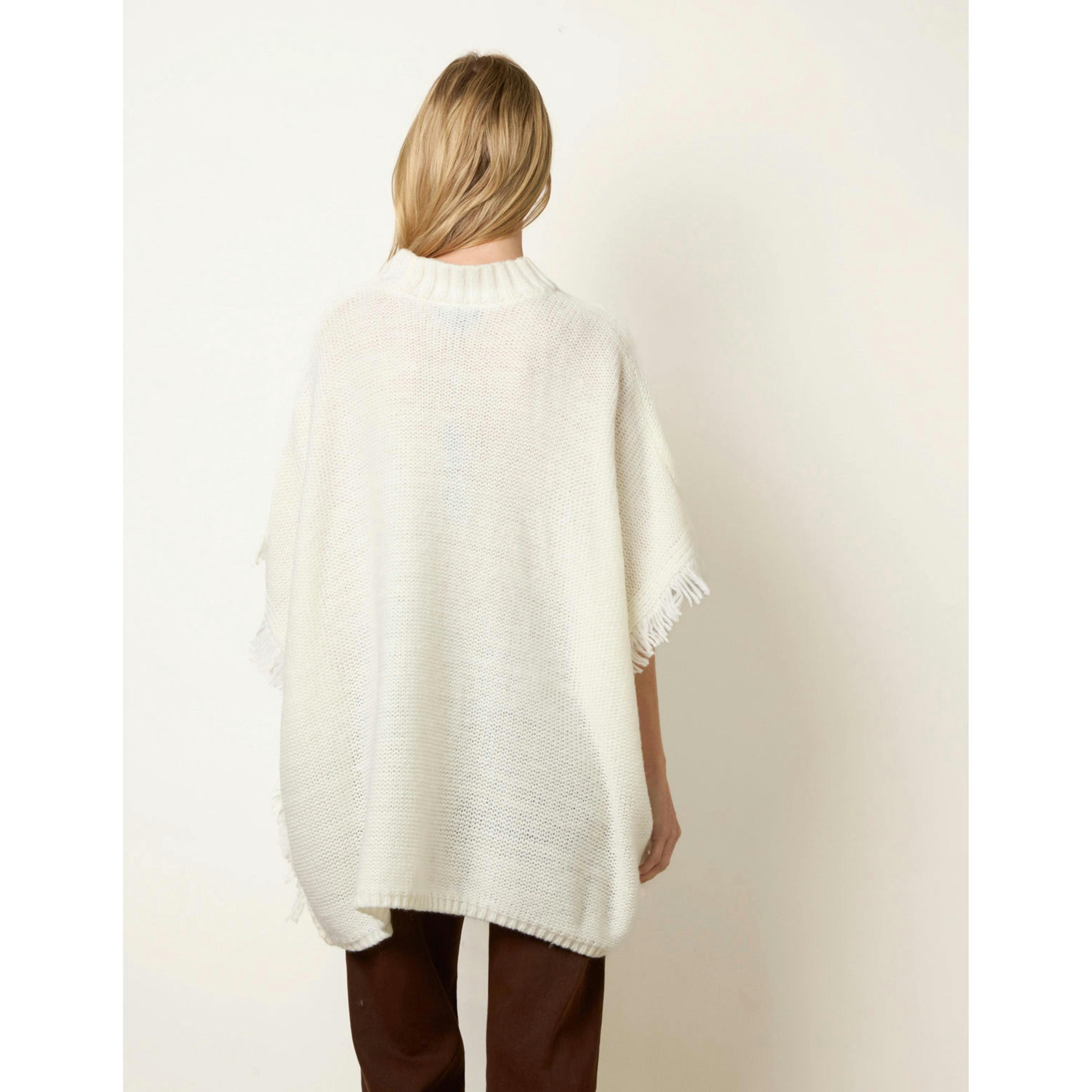 Blue Vanilla Cable Knit Fringe Poncho  in Ivory , view 2 of 4