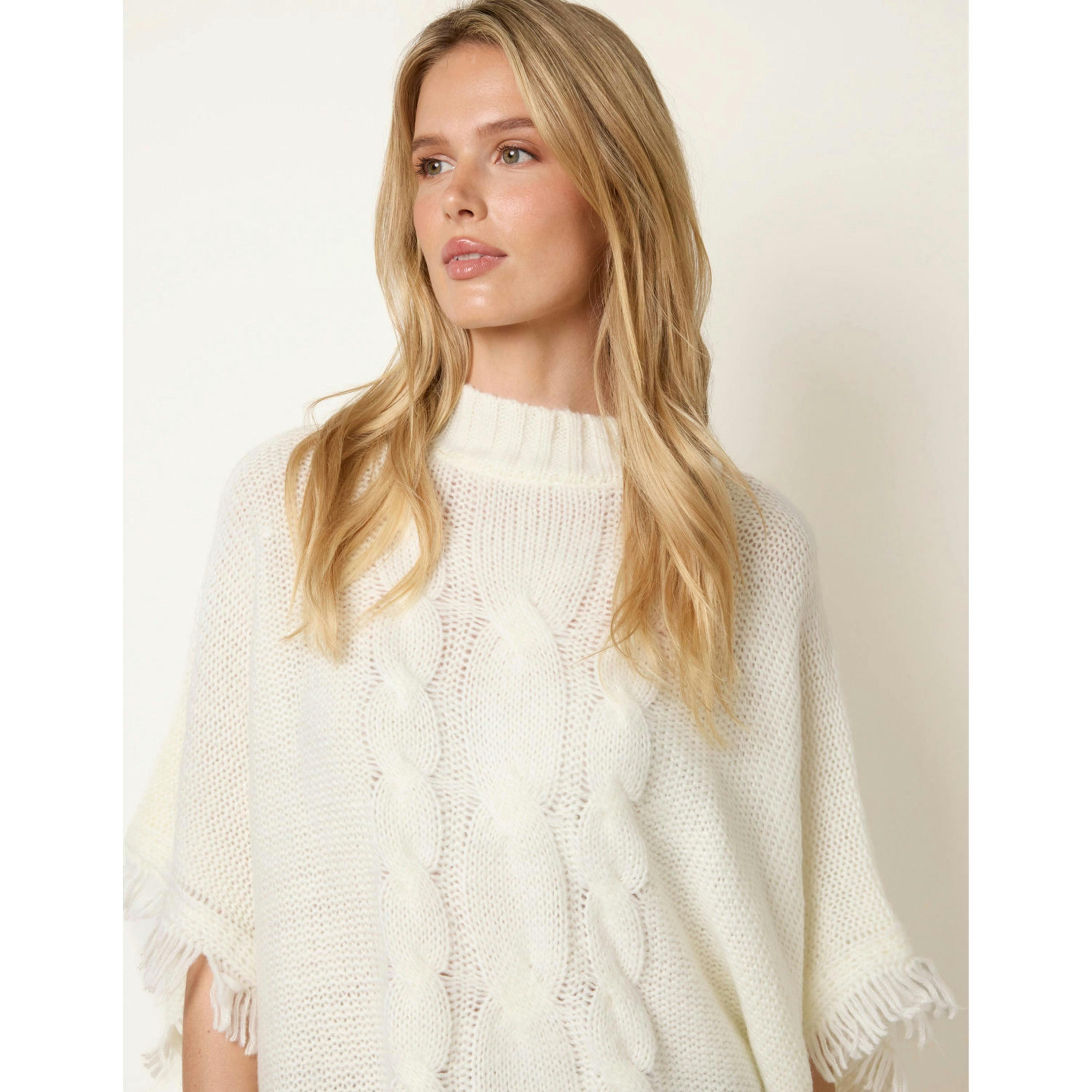 Blue Vanilla Cable Knit Fringe Poncho  in Ivory , view 3 of 4