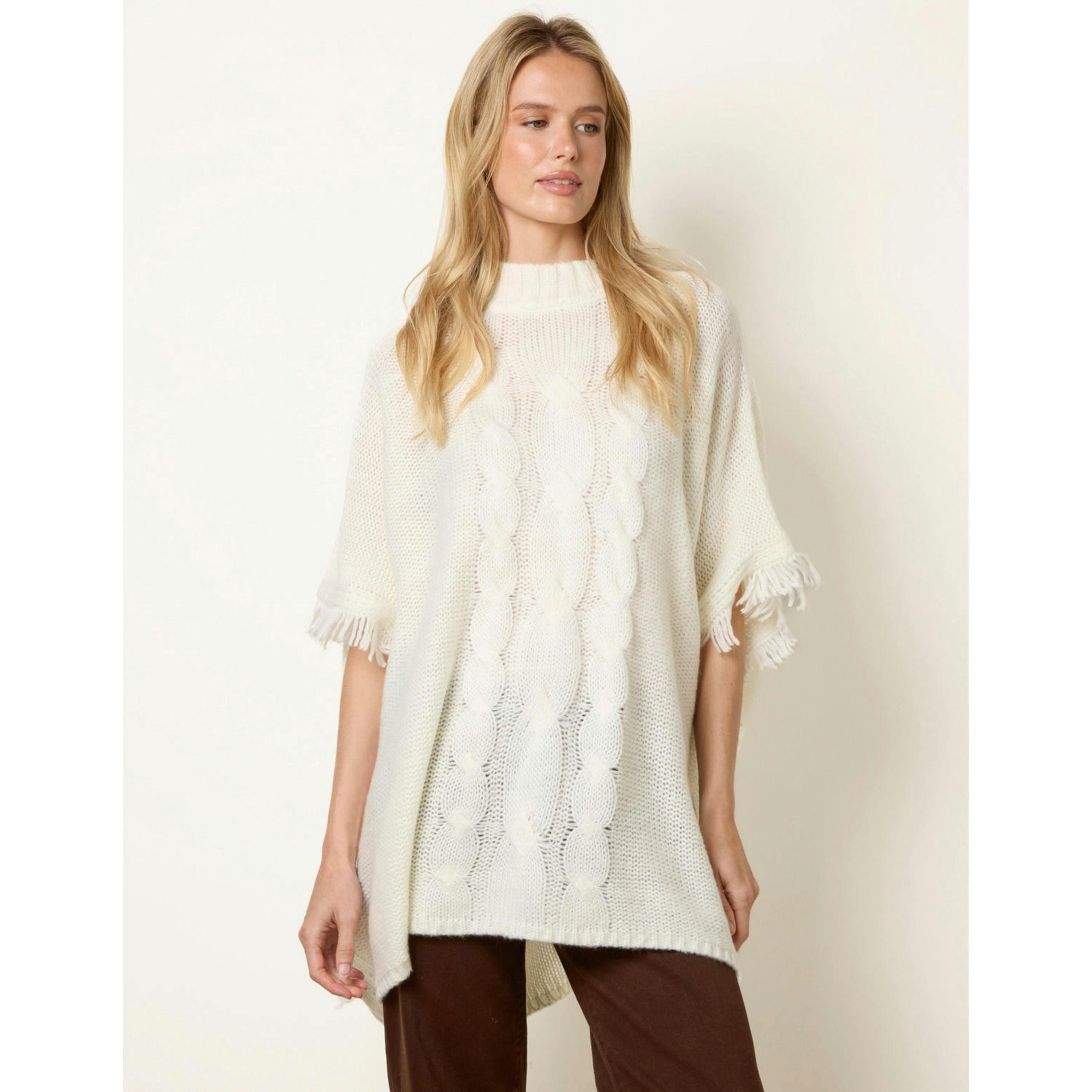 Blue Vanilla Cable Knit Fringe Poncho  in Ivory , view 4 of 4