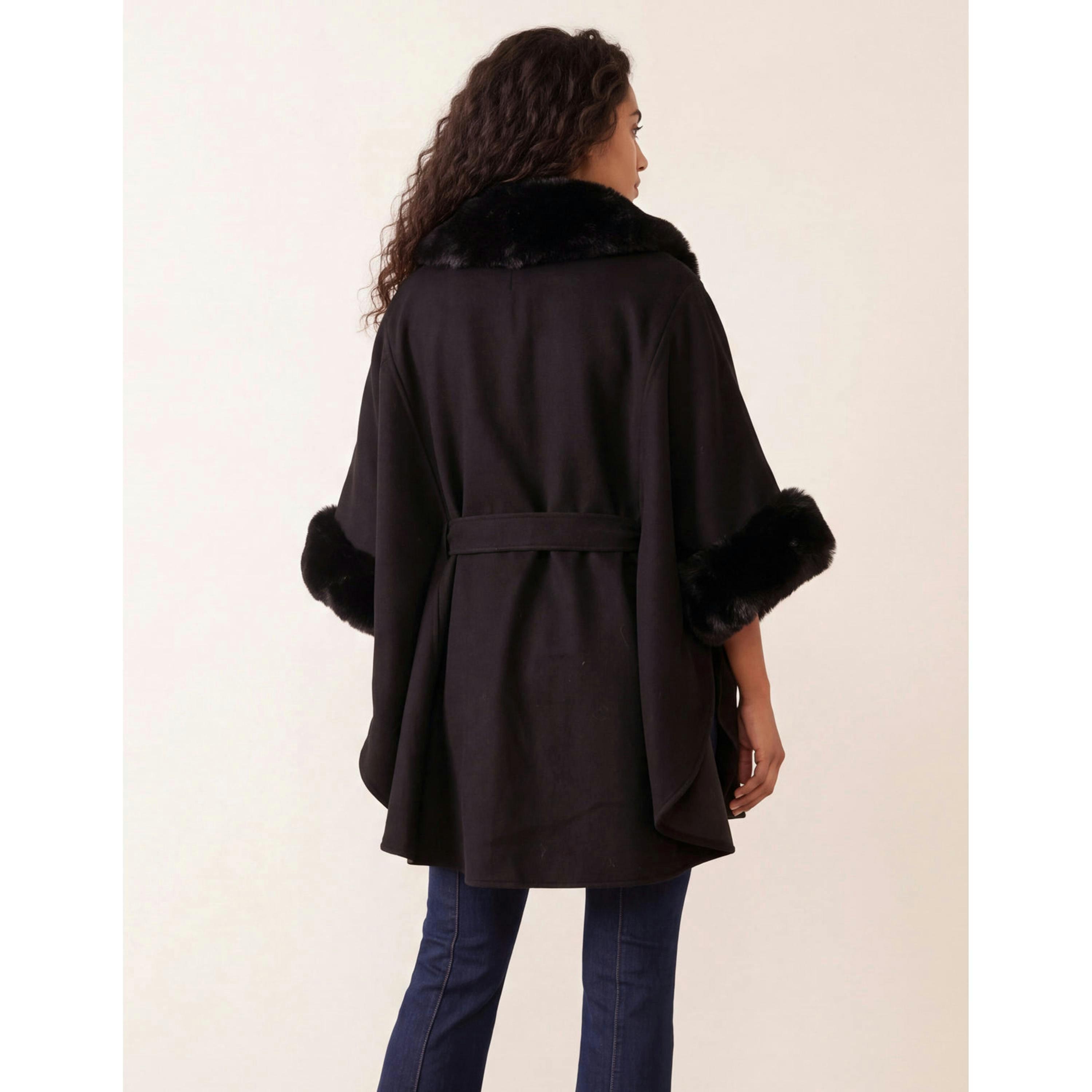 Blue Vanilla Faux Fur Trimmed Cape  in Black , view 2 of 4