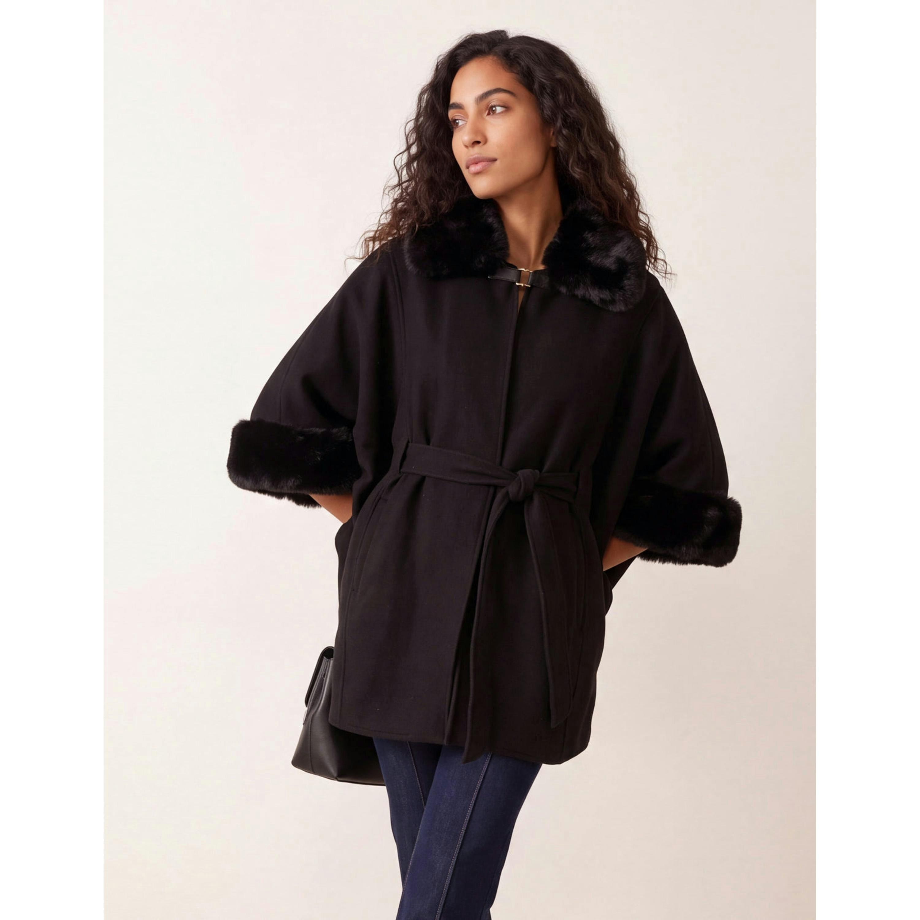 Blue Vanilla Faux Fur Trimmed Cape  in Black , view 3 of 4
